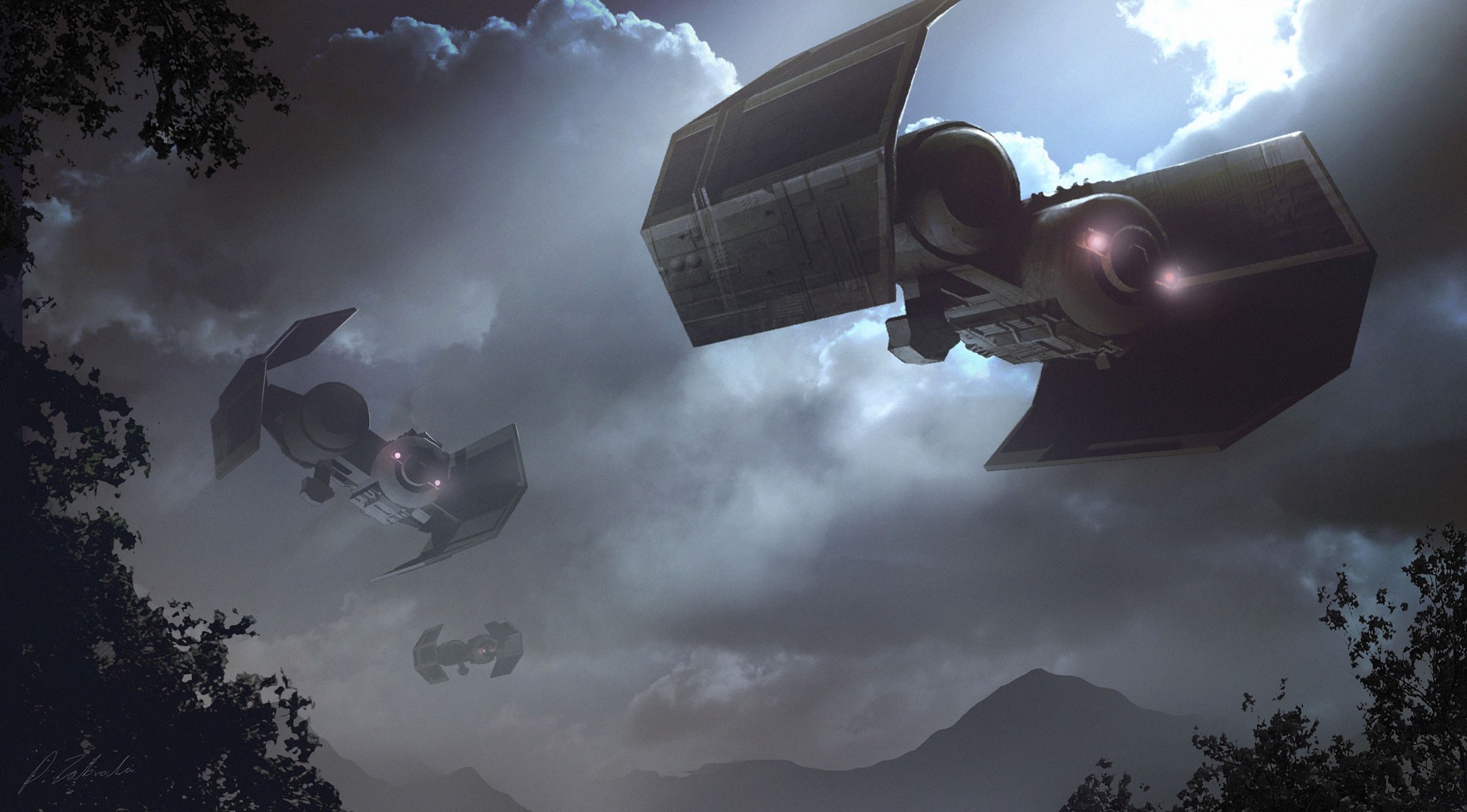 Star Wars TIE Bombers flying through cloudy skies HD Wallpaper
