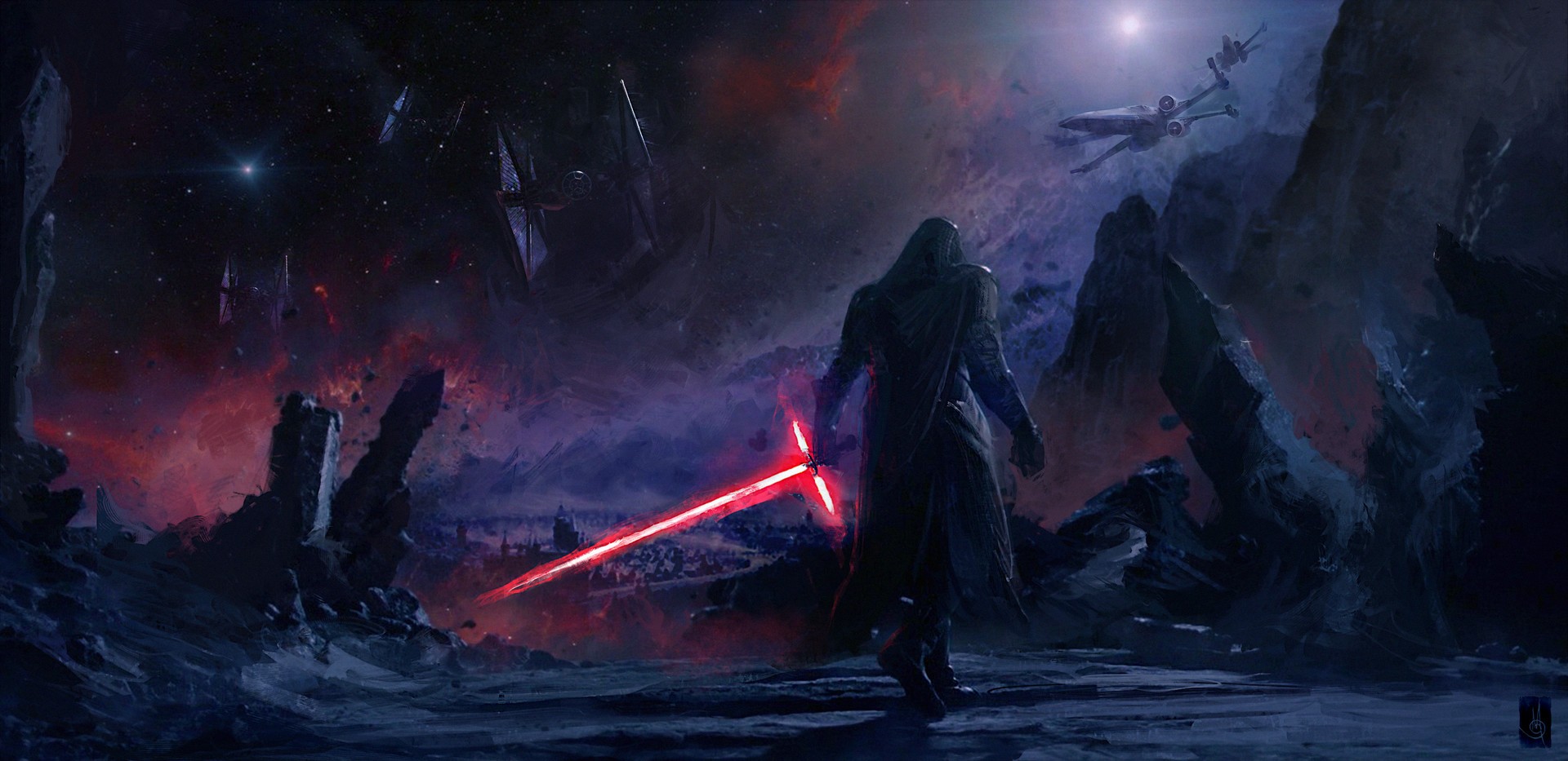 Kylo Ren with crossguard lightsaber in Star Wars battle HD Wallpaper