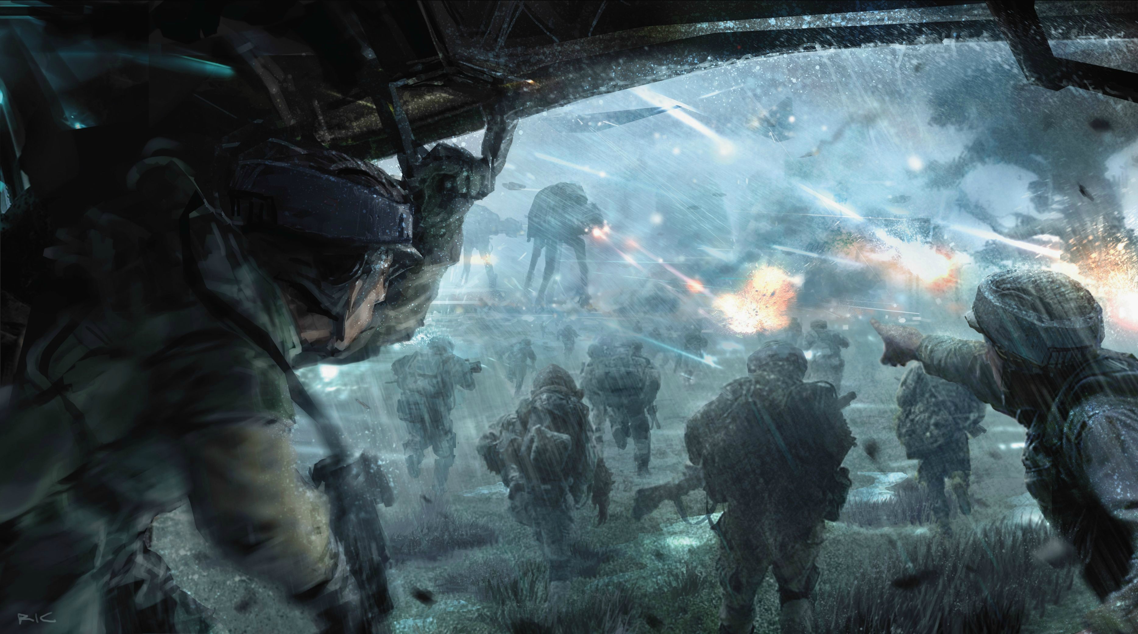 Soldiers in battle against alien walkers HD Wallpaper