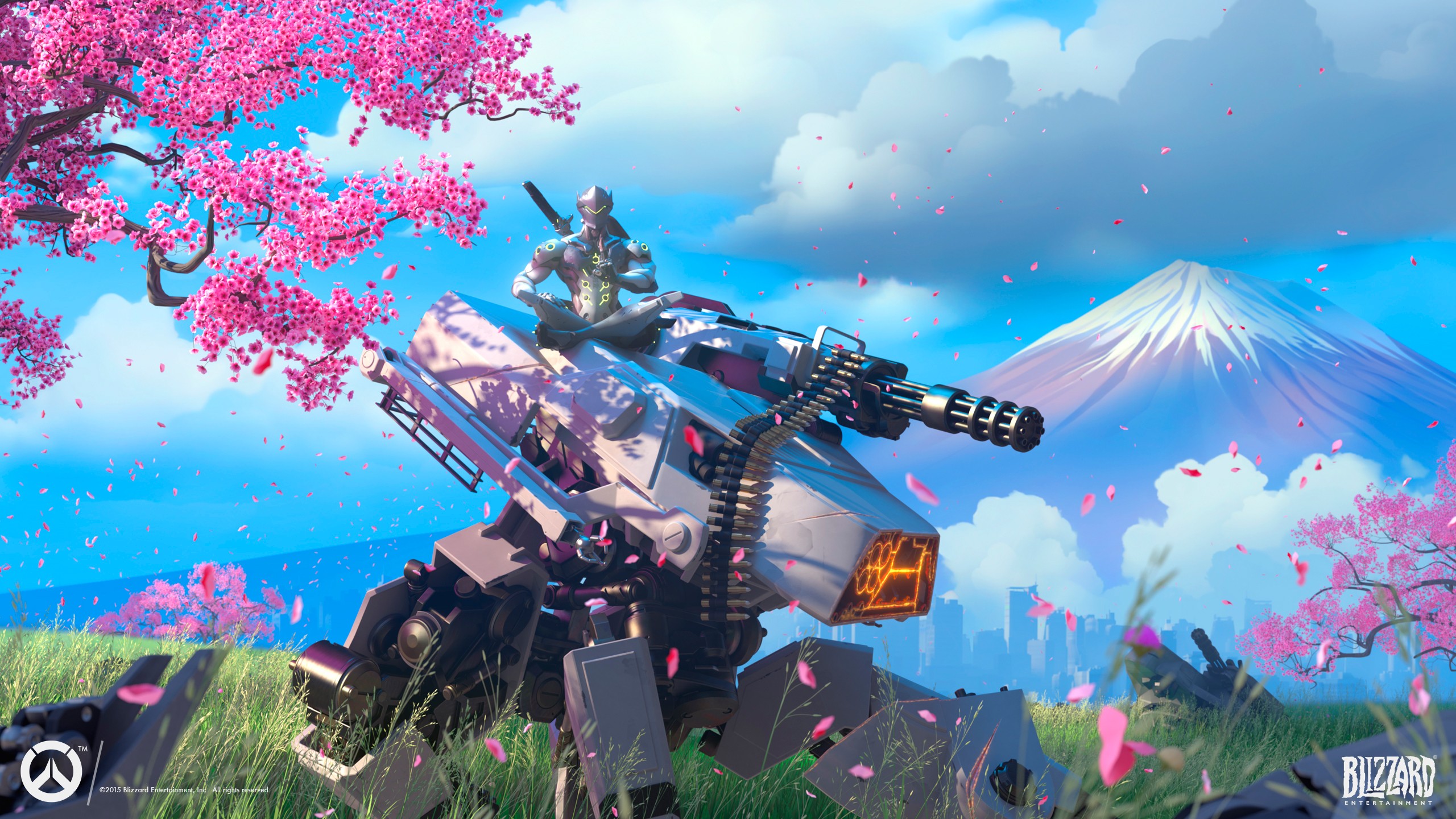 Genji on a mech with Mount Fuji in the background HD Wallpaper