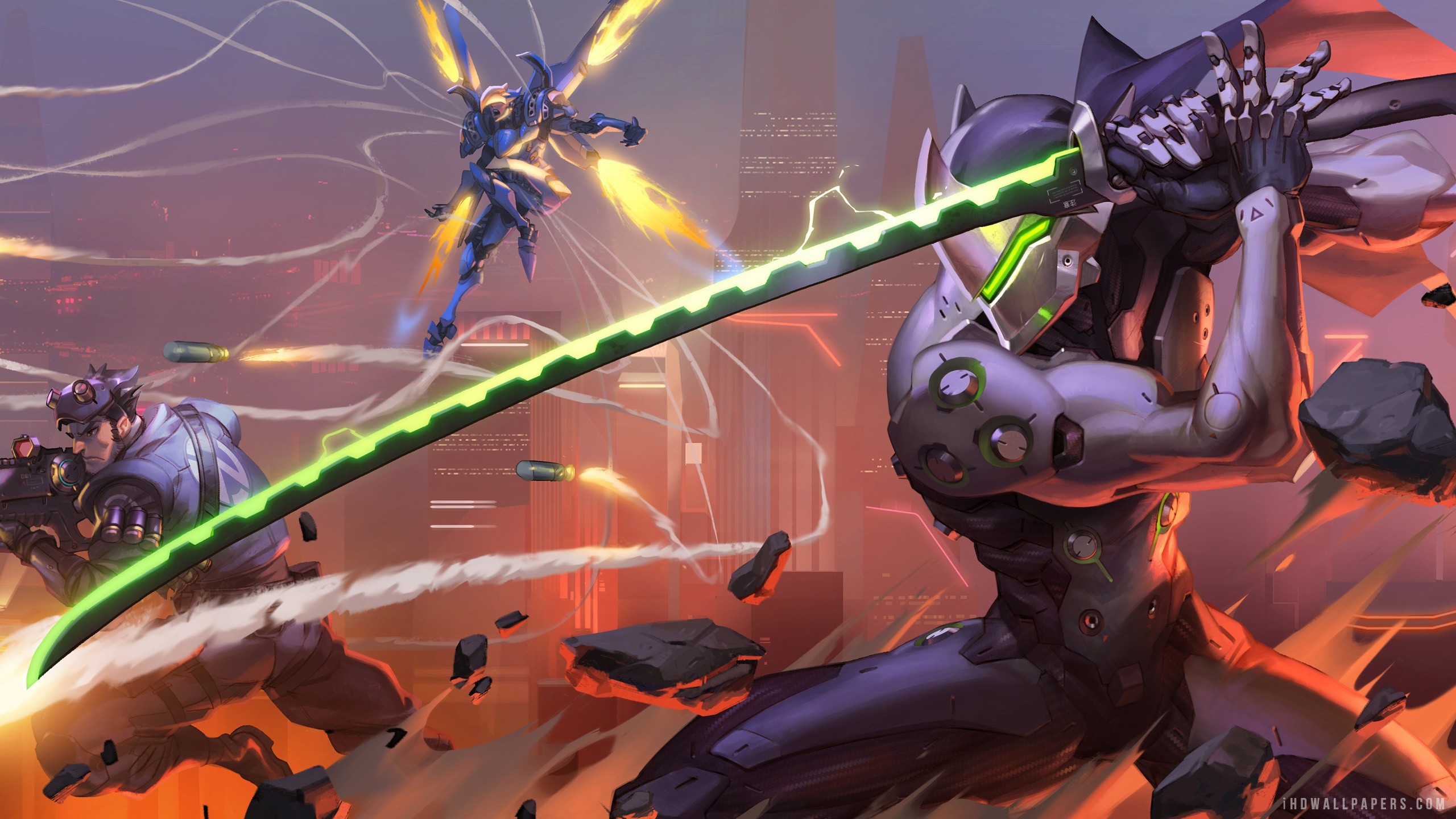 Overwatch: Genji, Pharah, and Soldier: 76 in battle HD Wallpaper