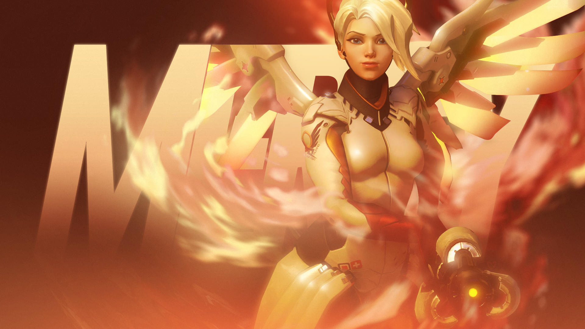 Mercy from Overwatch with fire effects HD Wallpaper