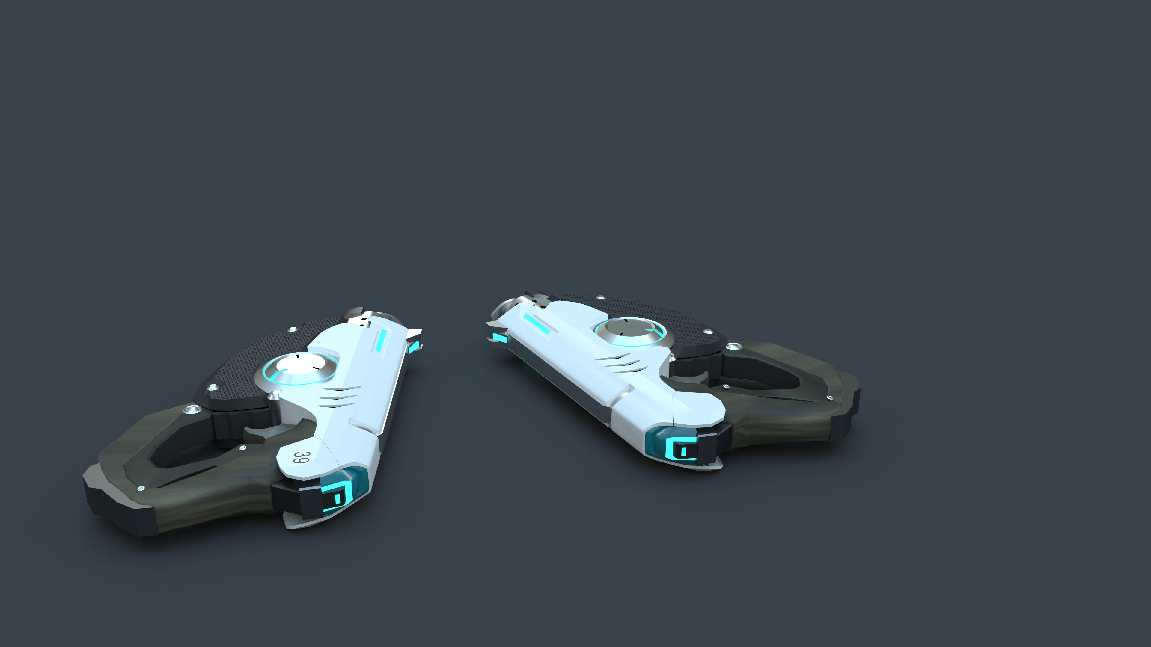 Two futuristic pistols on a dark background HD Wallpaper