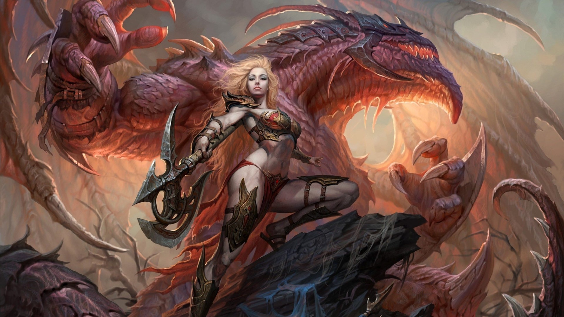 Fantasy art of a warrior woman and a dragon HD Wallpaper