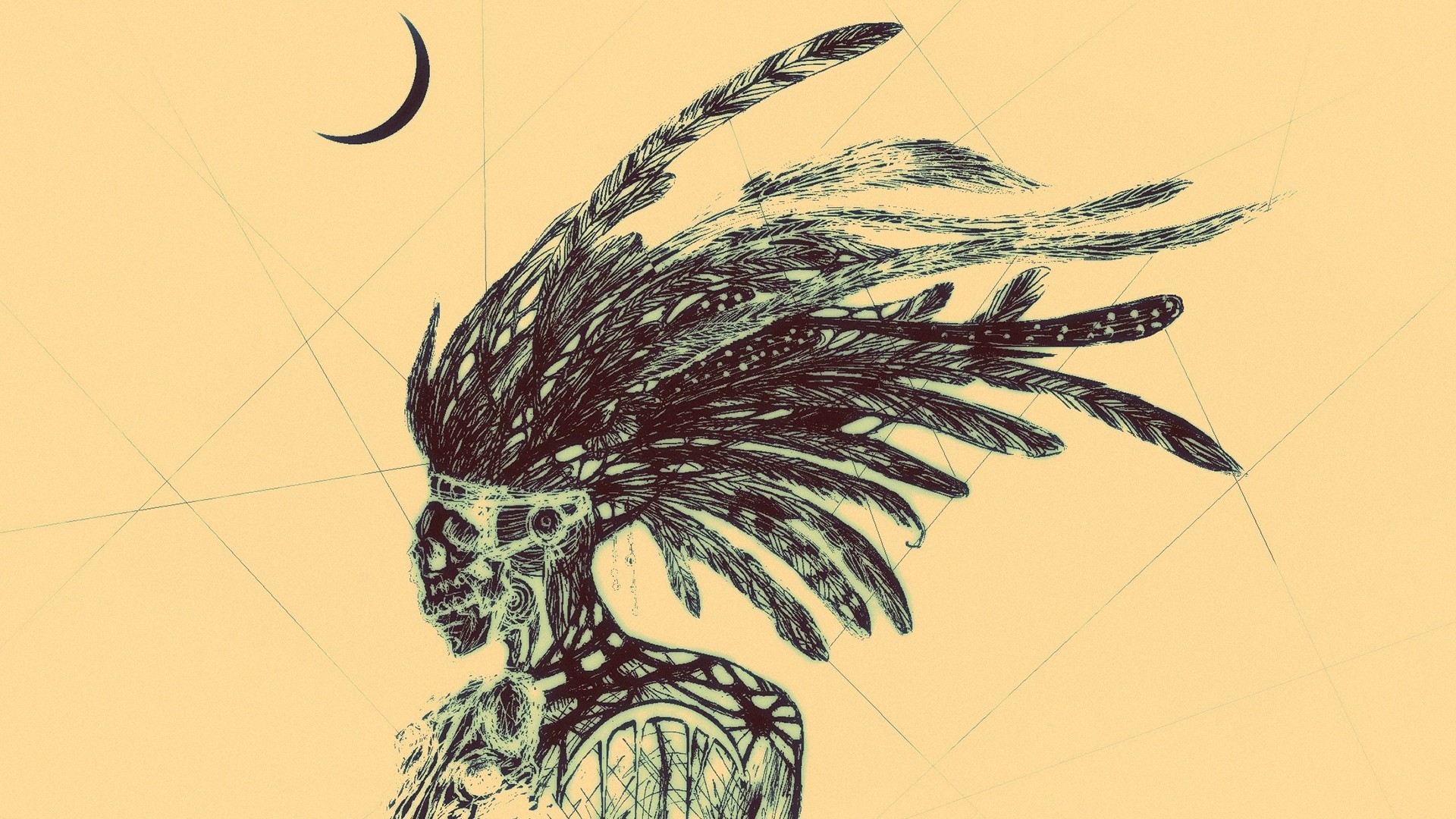 Skeleton with Feathers and Moon Artwork HD Wallpaper