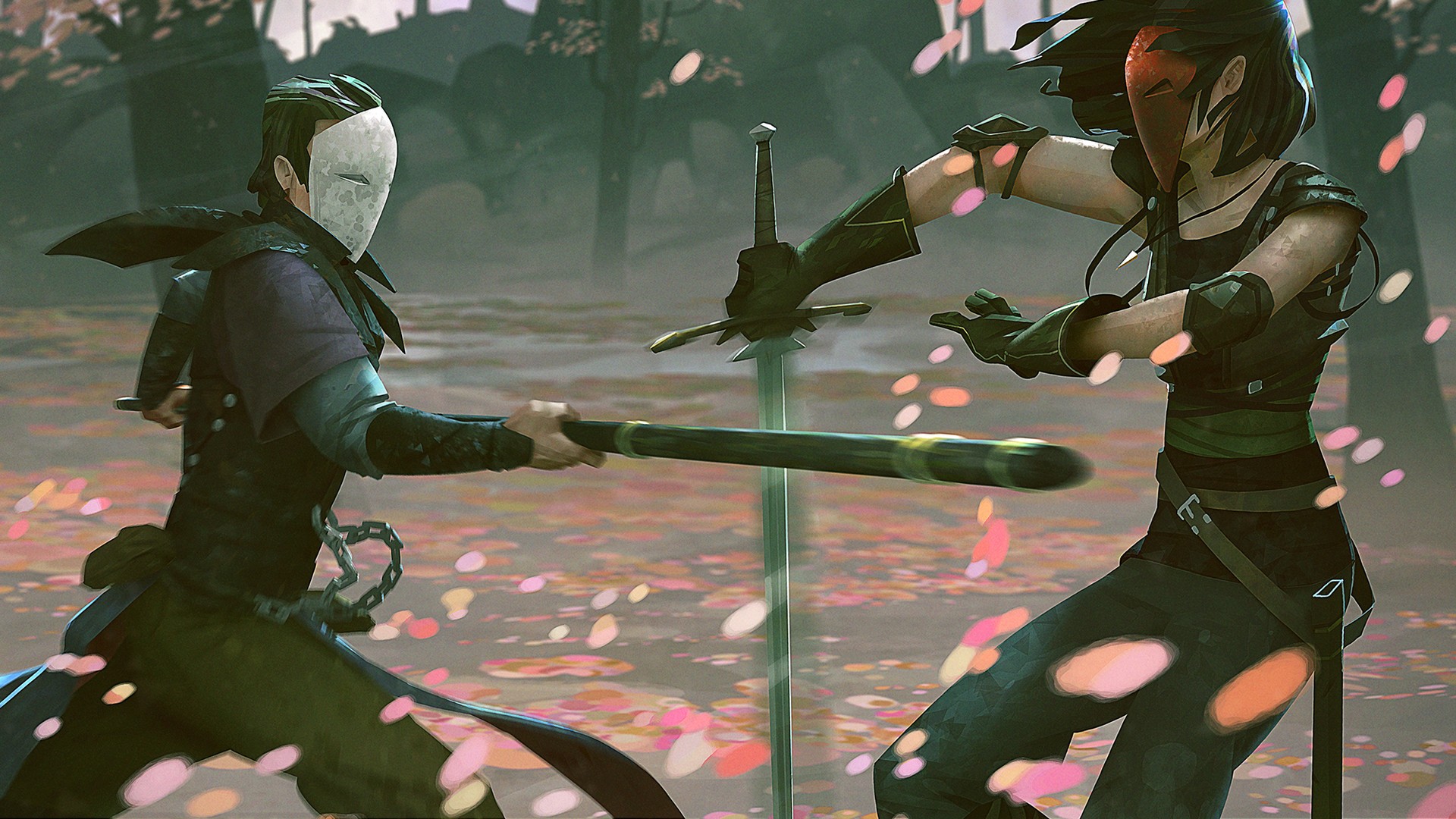 Two masked warriors fighting with swords and a staff HD Wallpaper