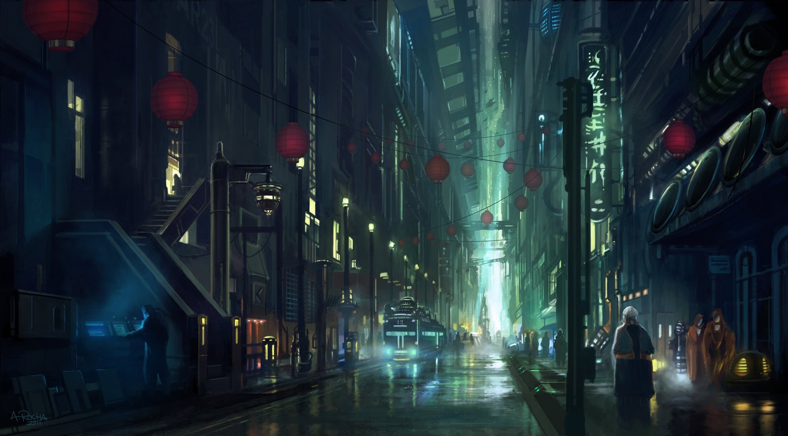 Cyberpunk city street with red lanterns and futuristic transport HD Wallpaper