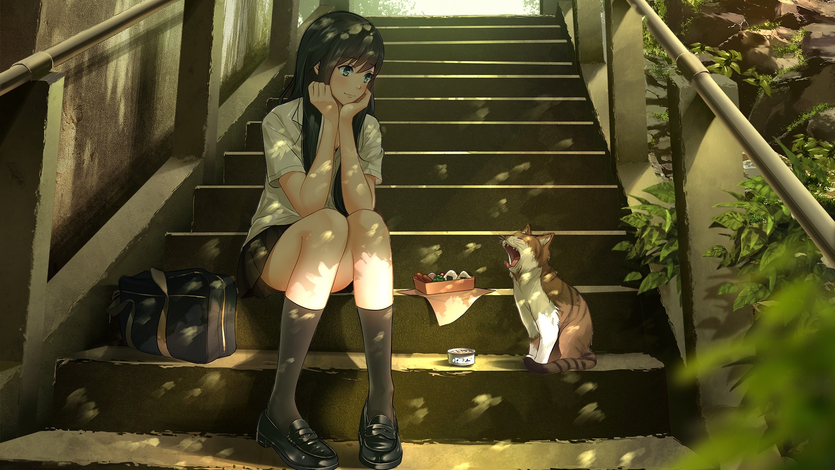 Anime girl and cat on stairs with food HD Wallpaper