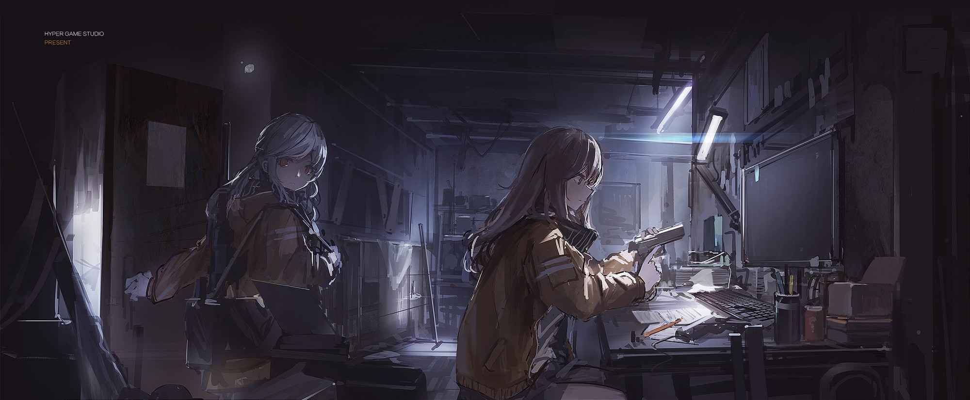Anime girls with guns in a dark room HD Wallpaper