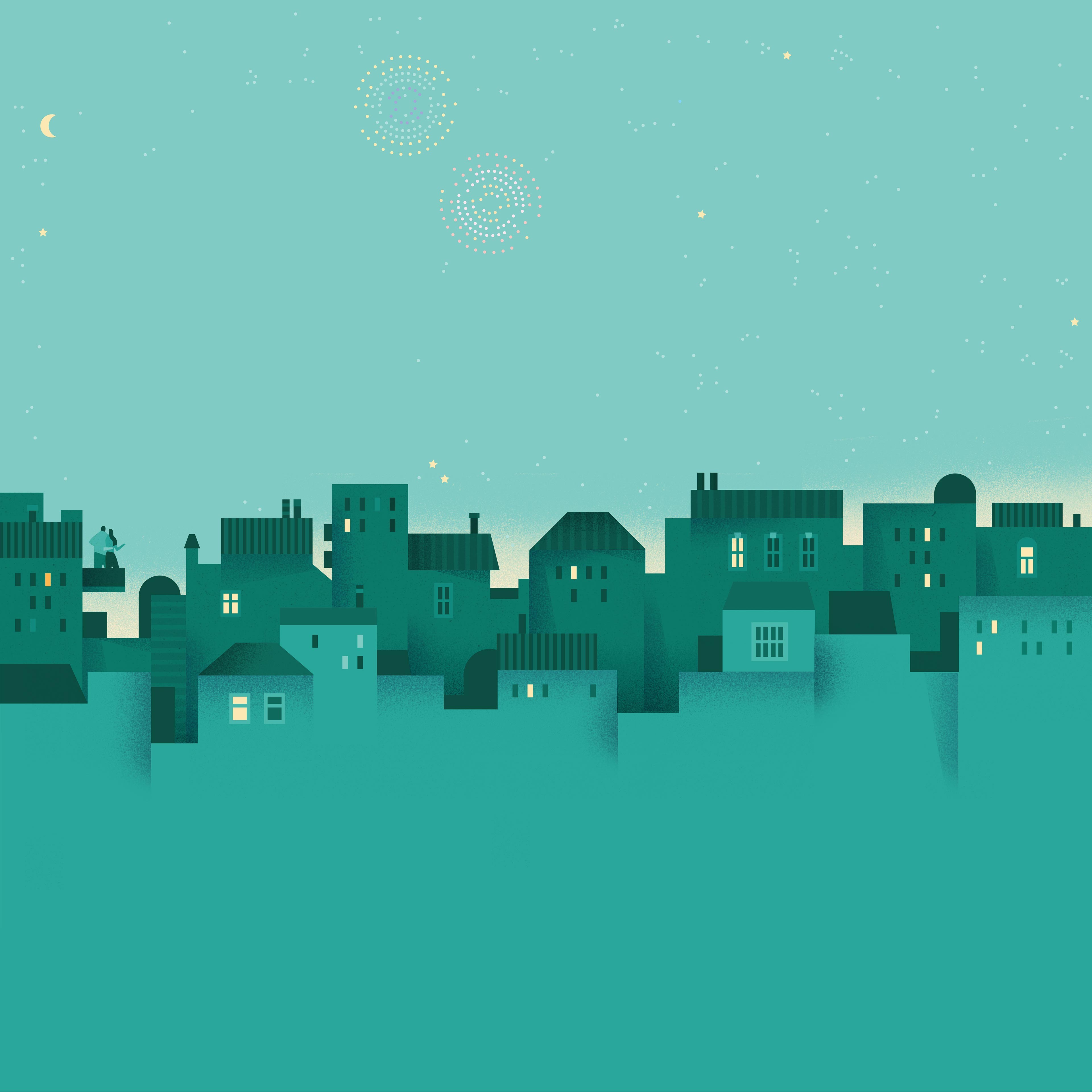 Digital art cityscape with fireworks and crescent moon HD Wallpaper