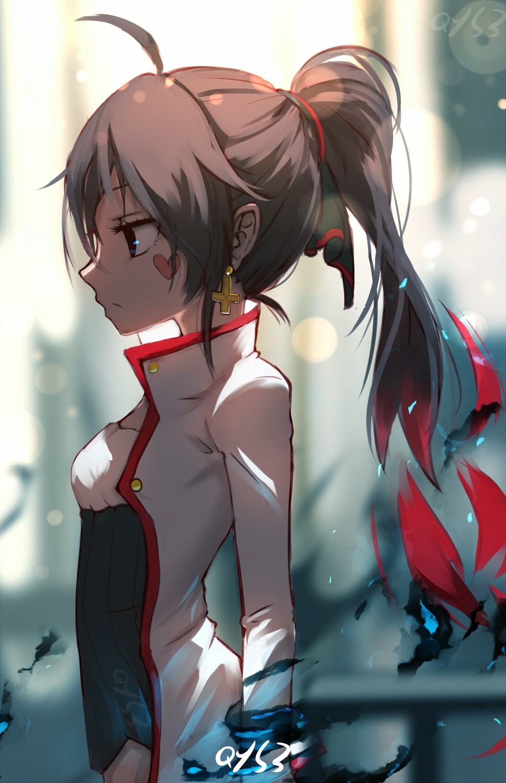 Anime girl with ponytail and cross earring HD Wallpaper