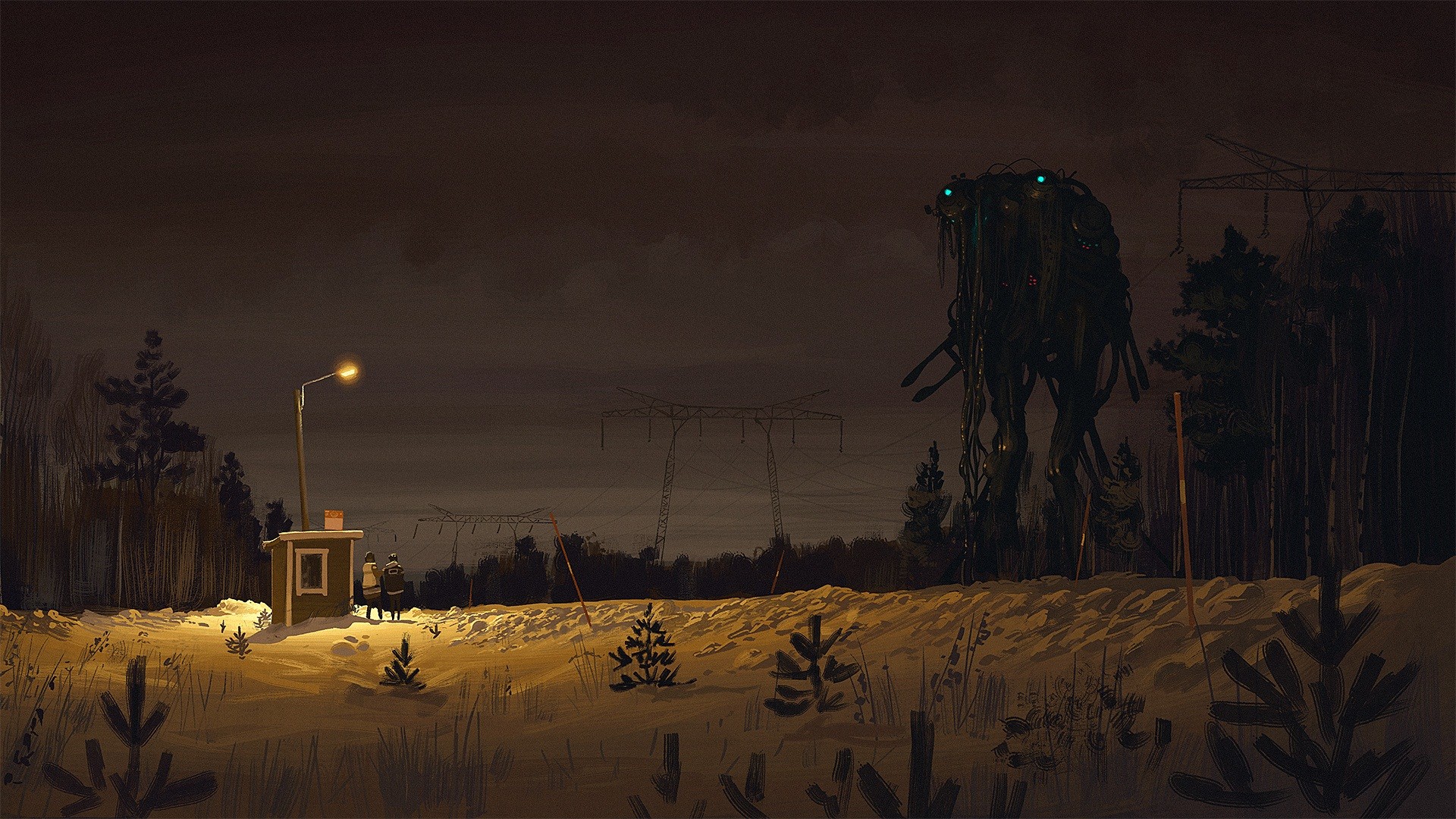 Simon Stålenhag artwork of a robot in a snowy landscape HD Wallpaper