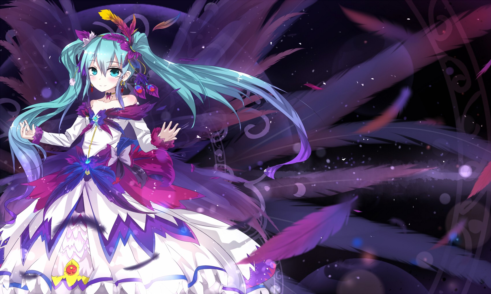 Hatsune Miku in a white and purple feathered dress HD Wallpaper