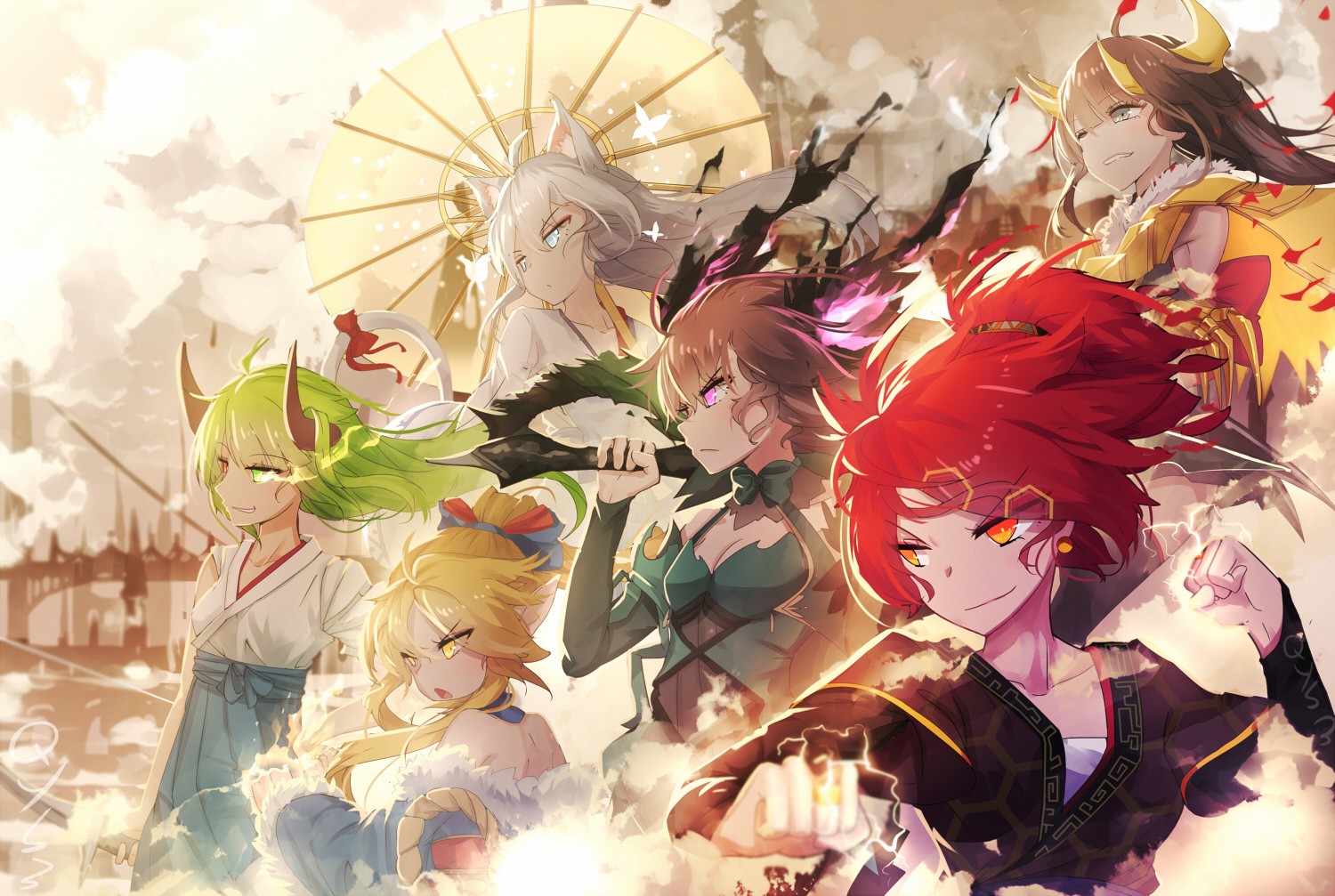 Anime girls with horns and animal ears HD Wallpaper