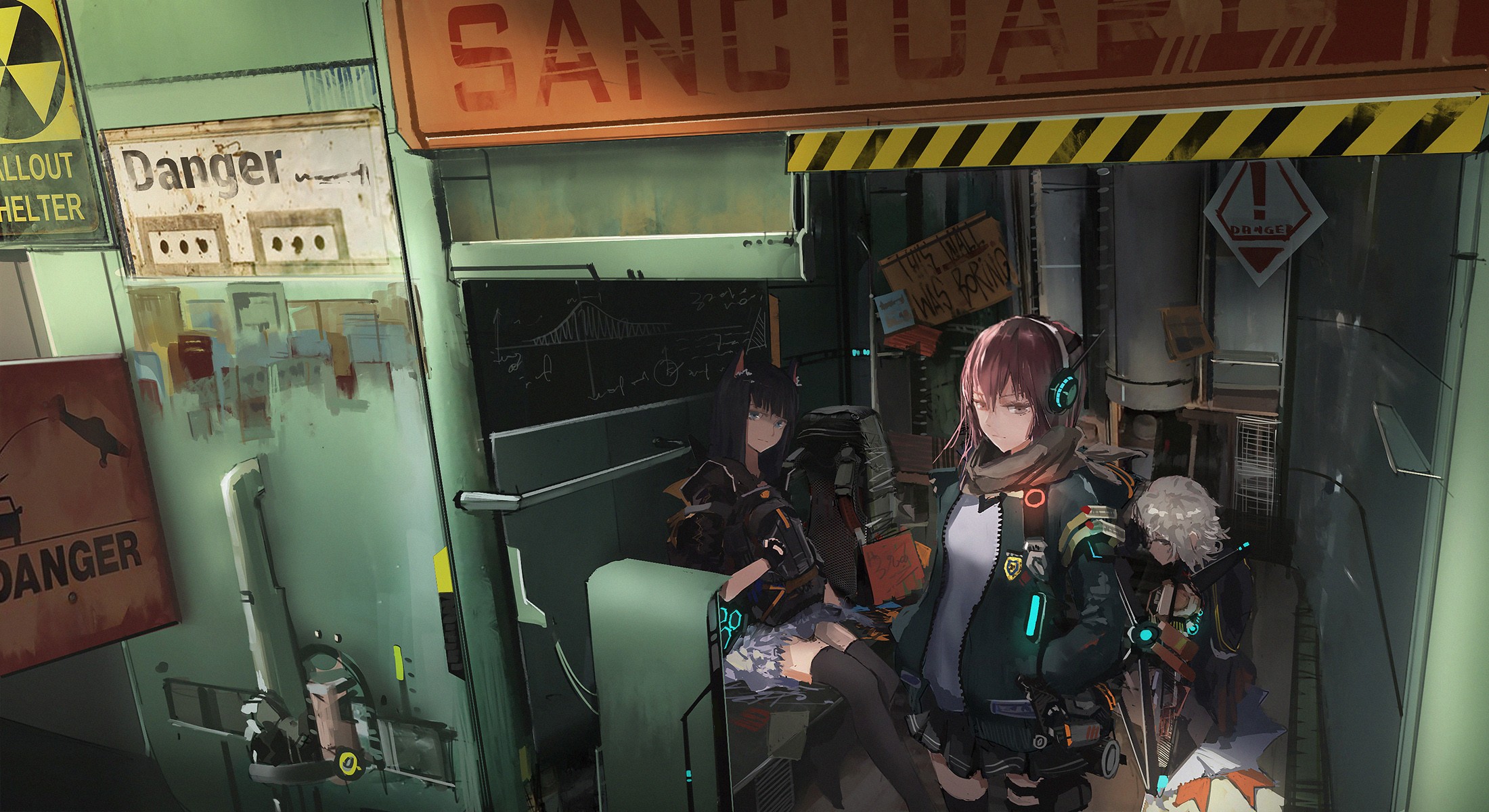 Anime girls with animal ears and headphones in a sanctuary HD Wallpaper