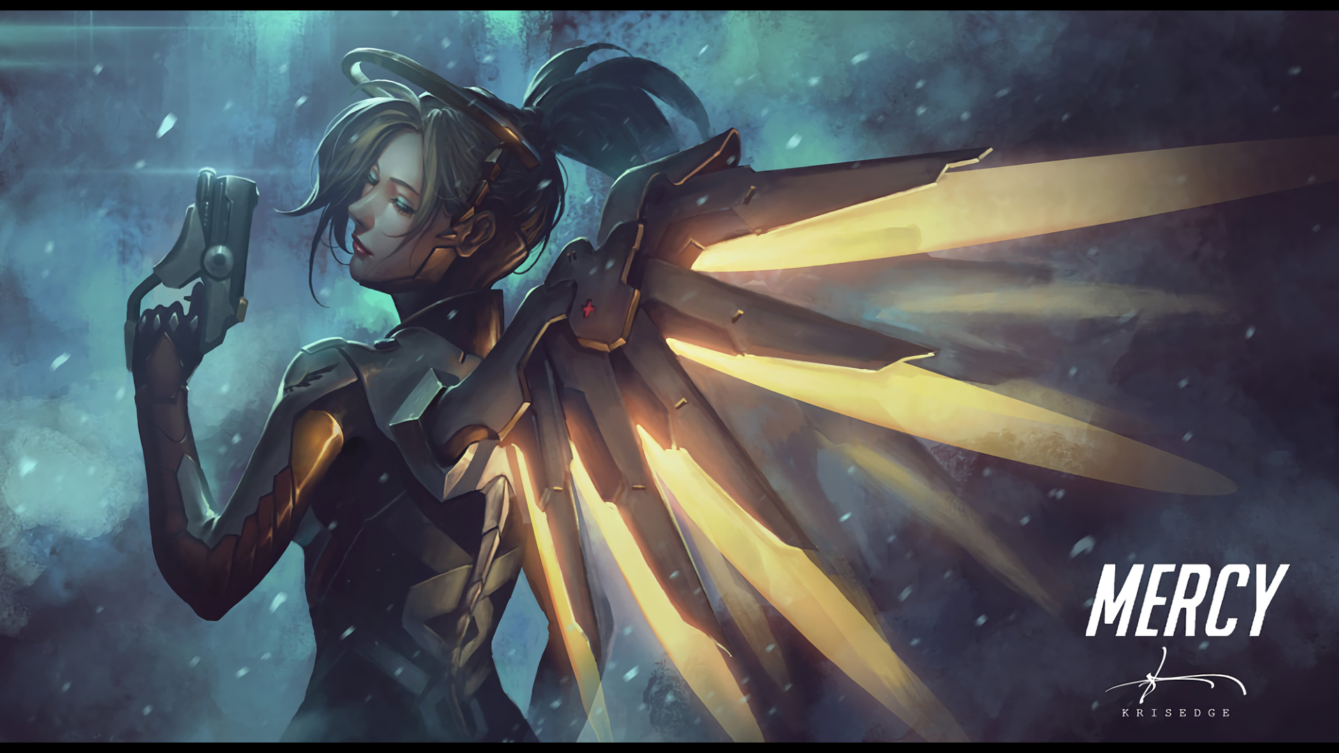 Mercy from Overwatch with glowing wings HD Wallpaper
