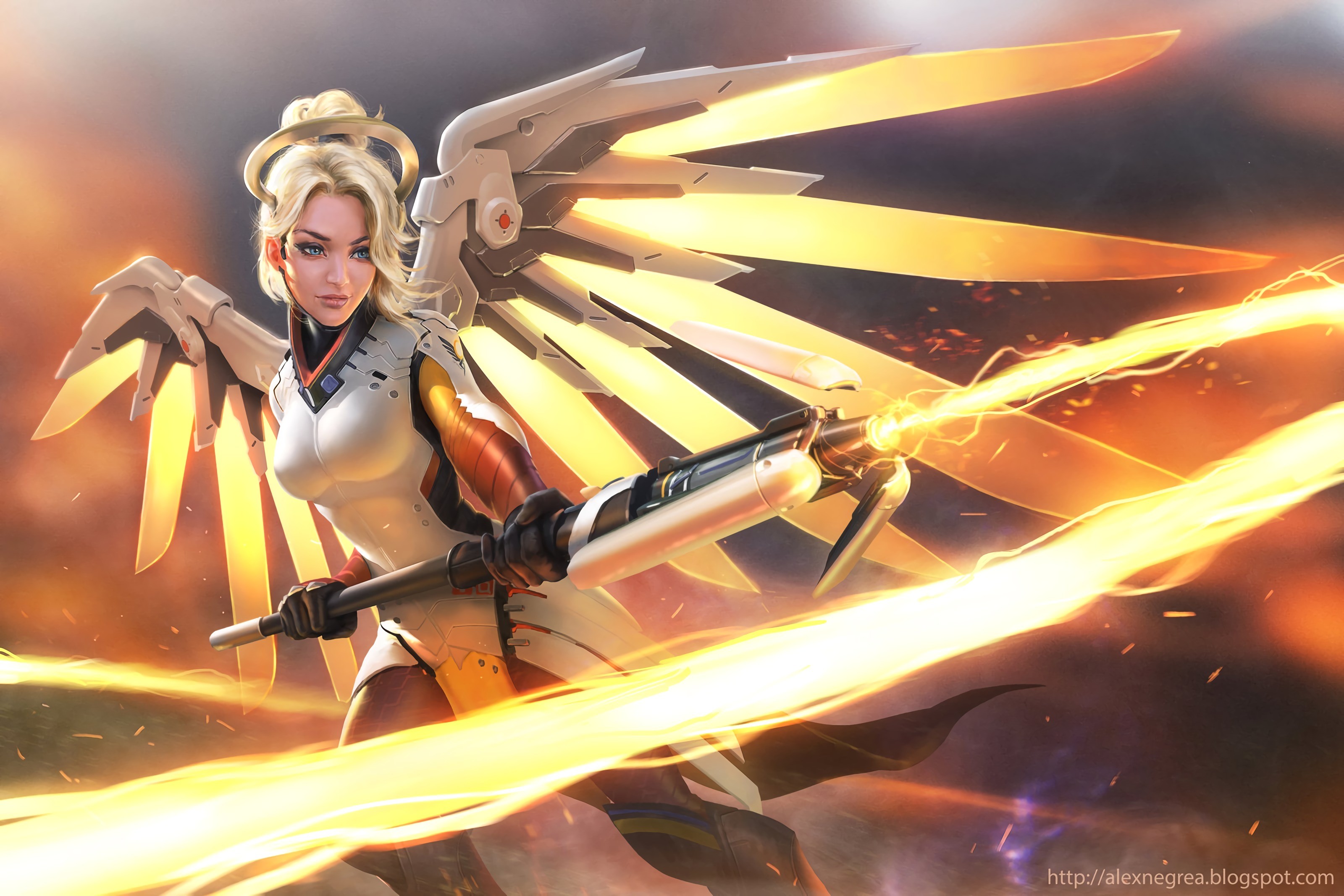 Mercy from Overwatch with glowing wings and weapon HD Wallpaper
