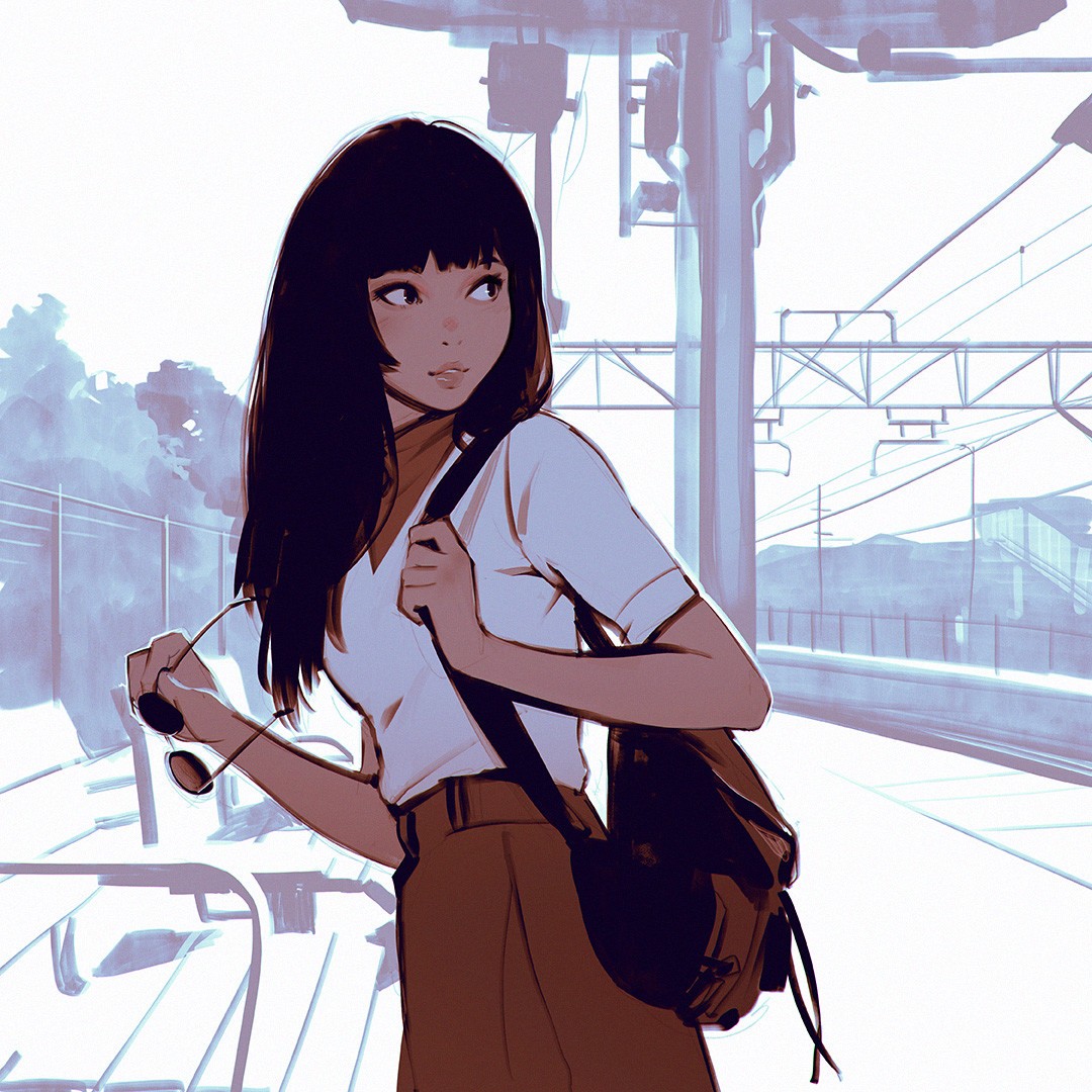 Artwork by Ilya Kuvshinov of a girl at a train station HD Wallpaper