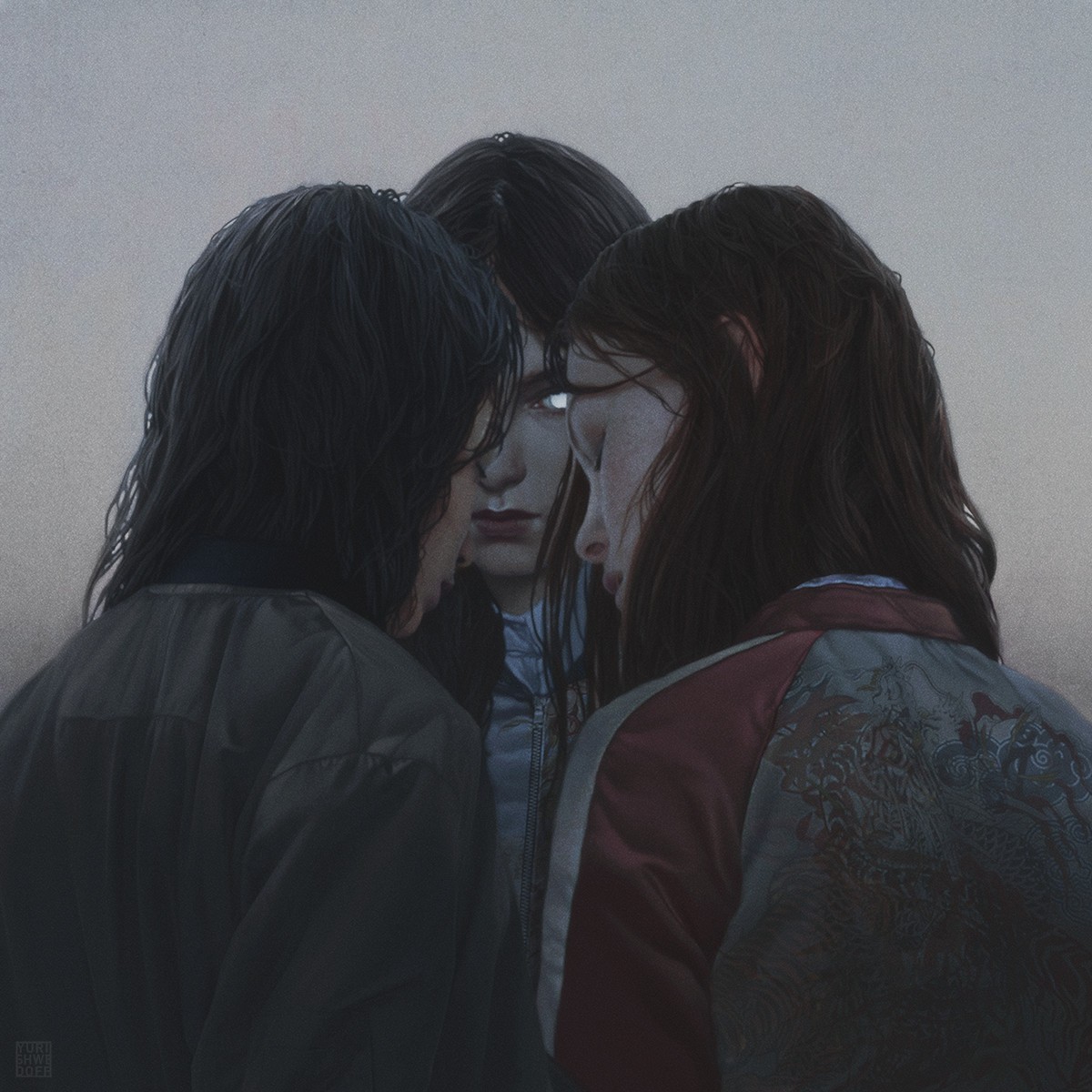 Artwork by Yuri Shvedoff featuring three figures HD Wallpaper