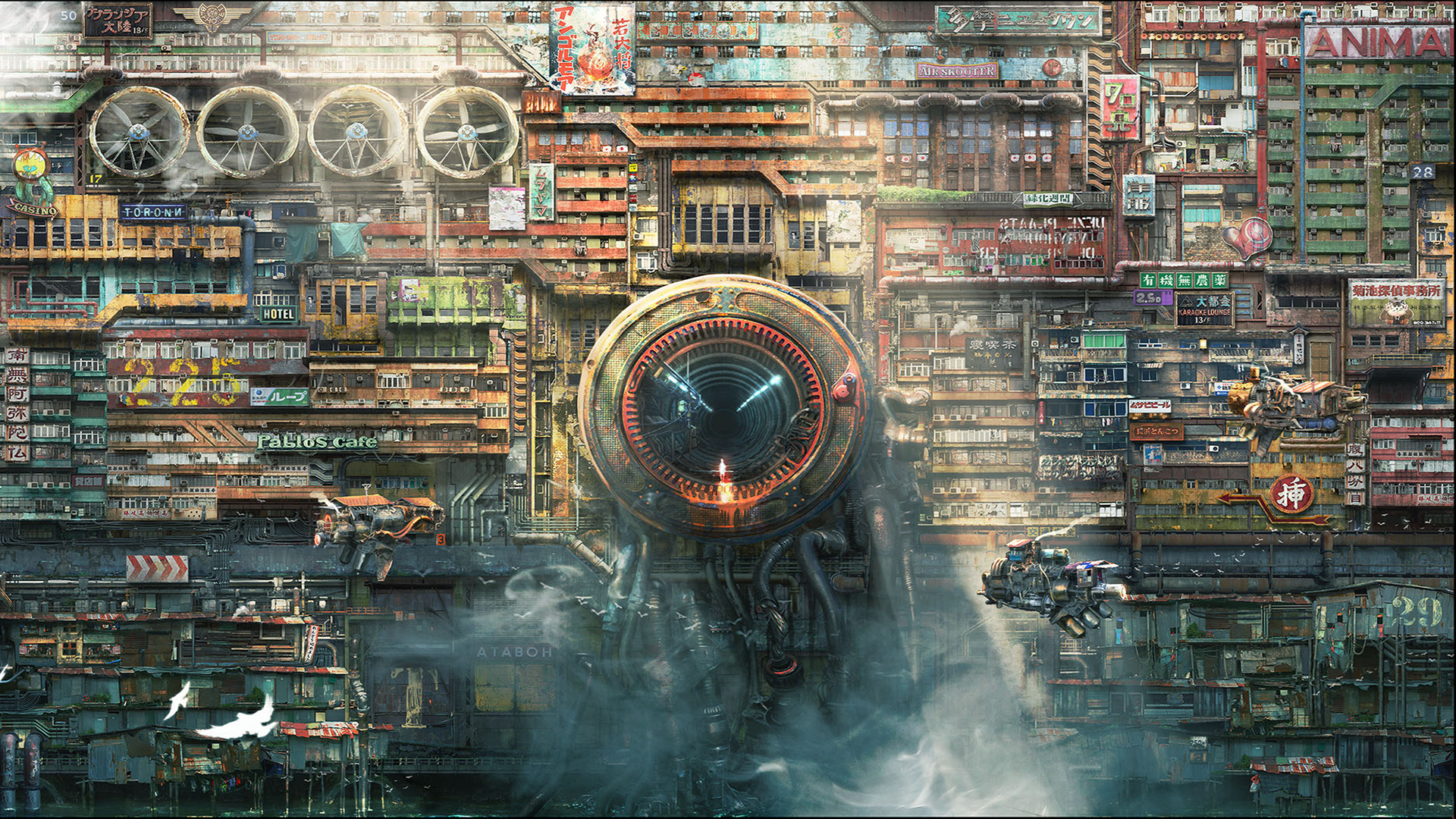 Toshio Hatanaka's Cyberpunk Metropolis with Flying Vehicles HD Wallpaper