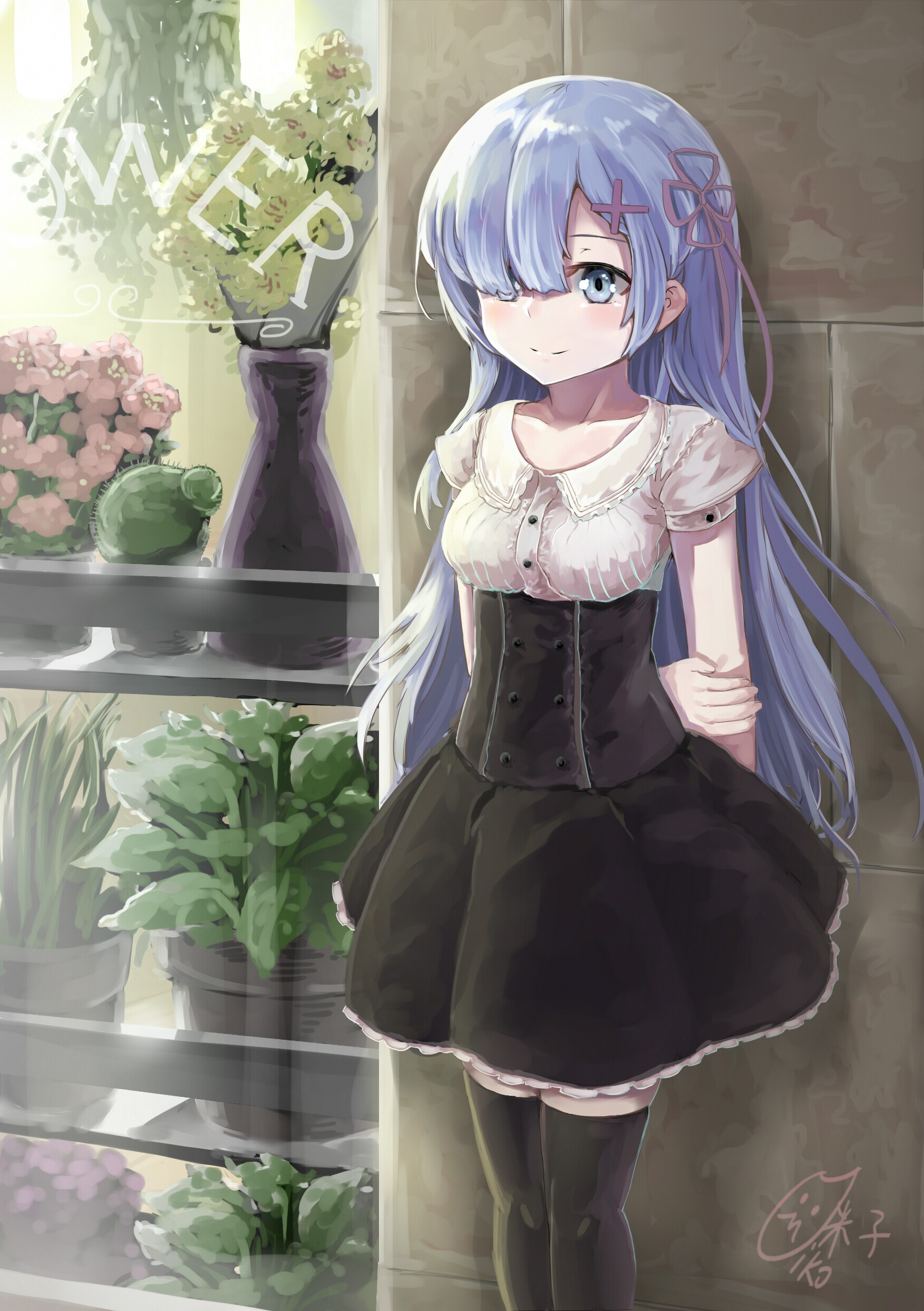 Rem from Re:Zero at a flower shop HD Wallpaper