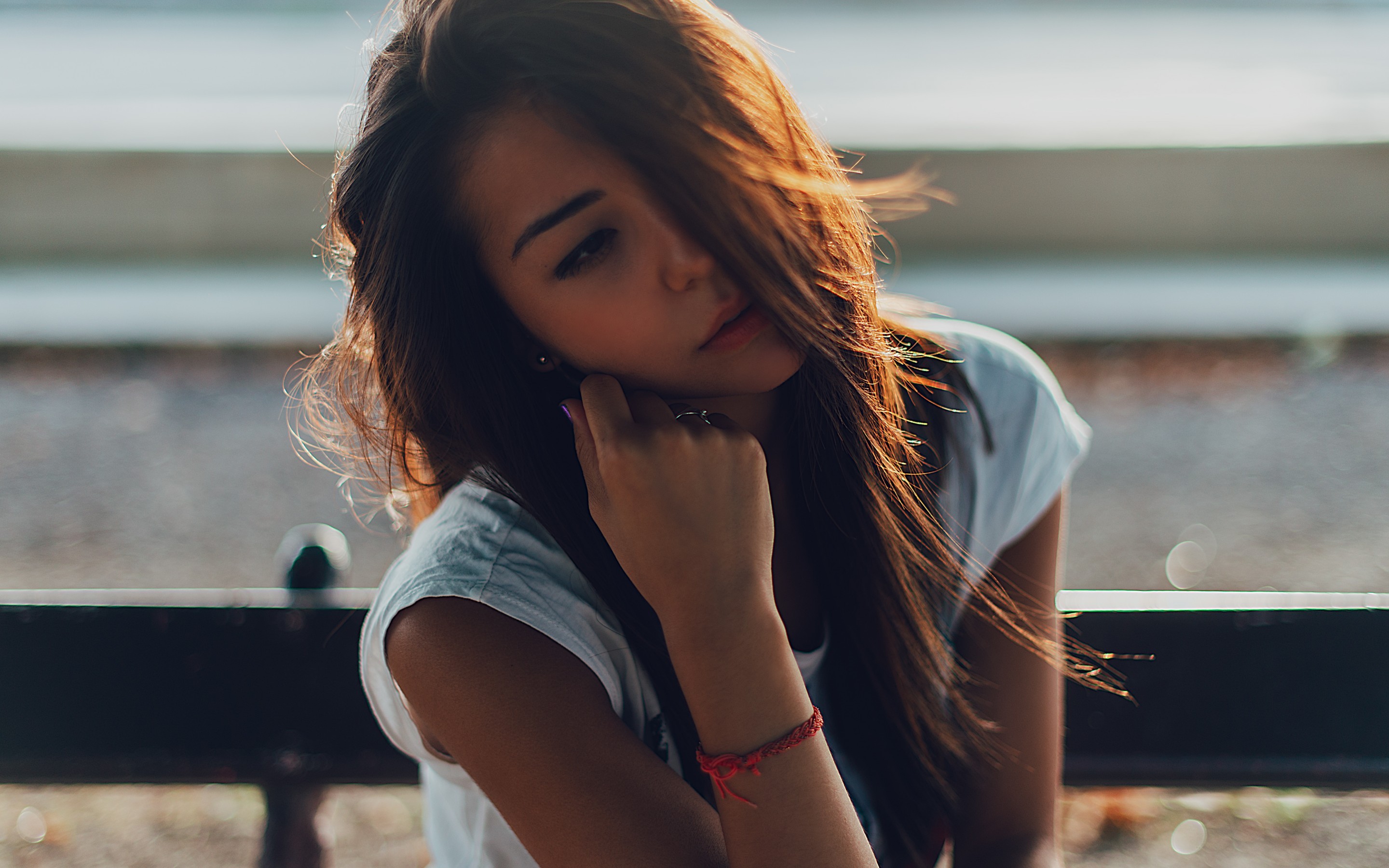 Asian woman with long hair in sunlight HD Wallpaper