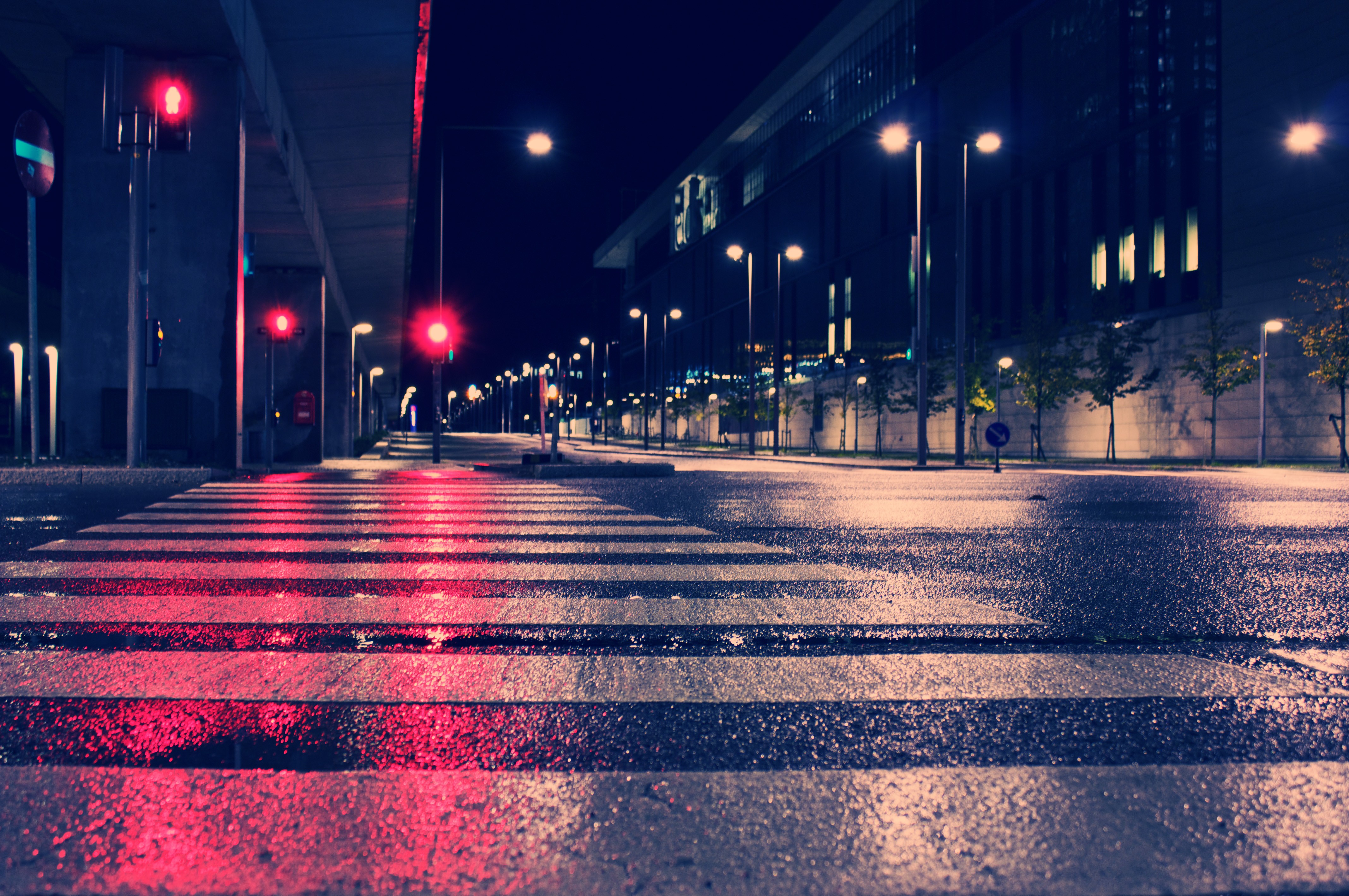 Night city street with traffic lights and crosswalk HD Wallpaper
