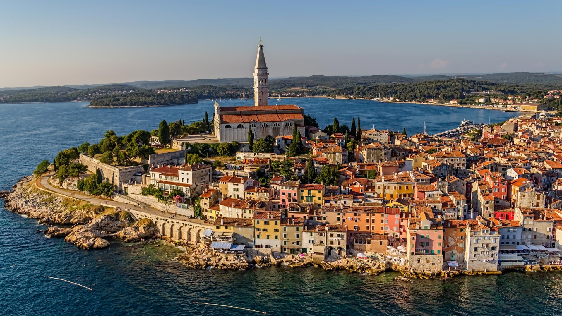 Rovinj cityscape with church tower and sea HD Wallpaper
