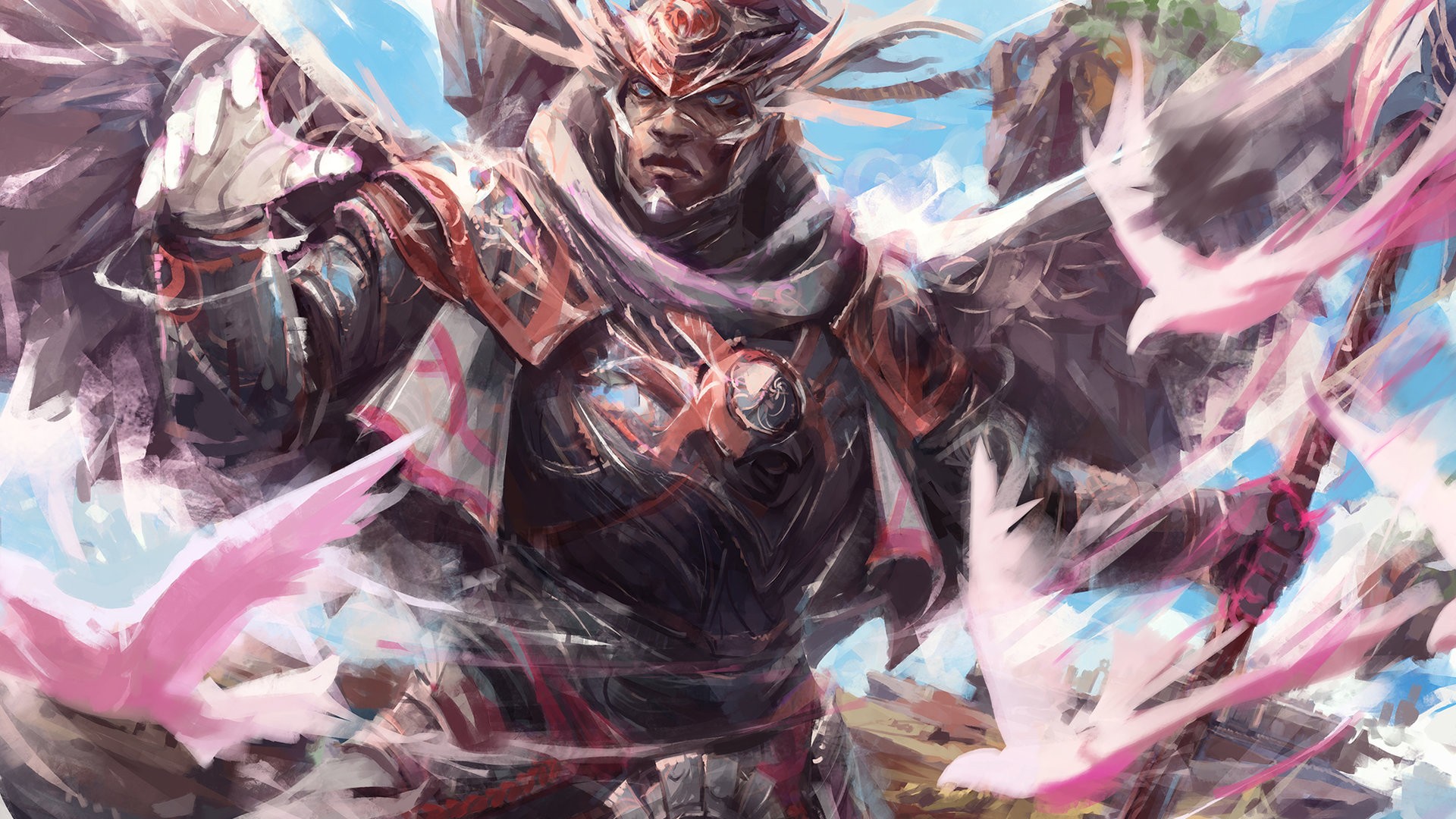 Fantasy warrior with wings and pink birds HD Wallpaper