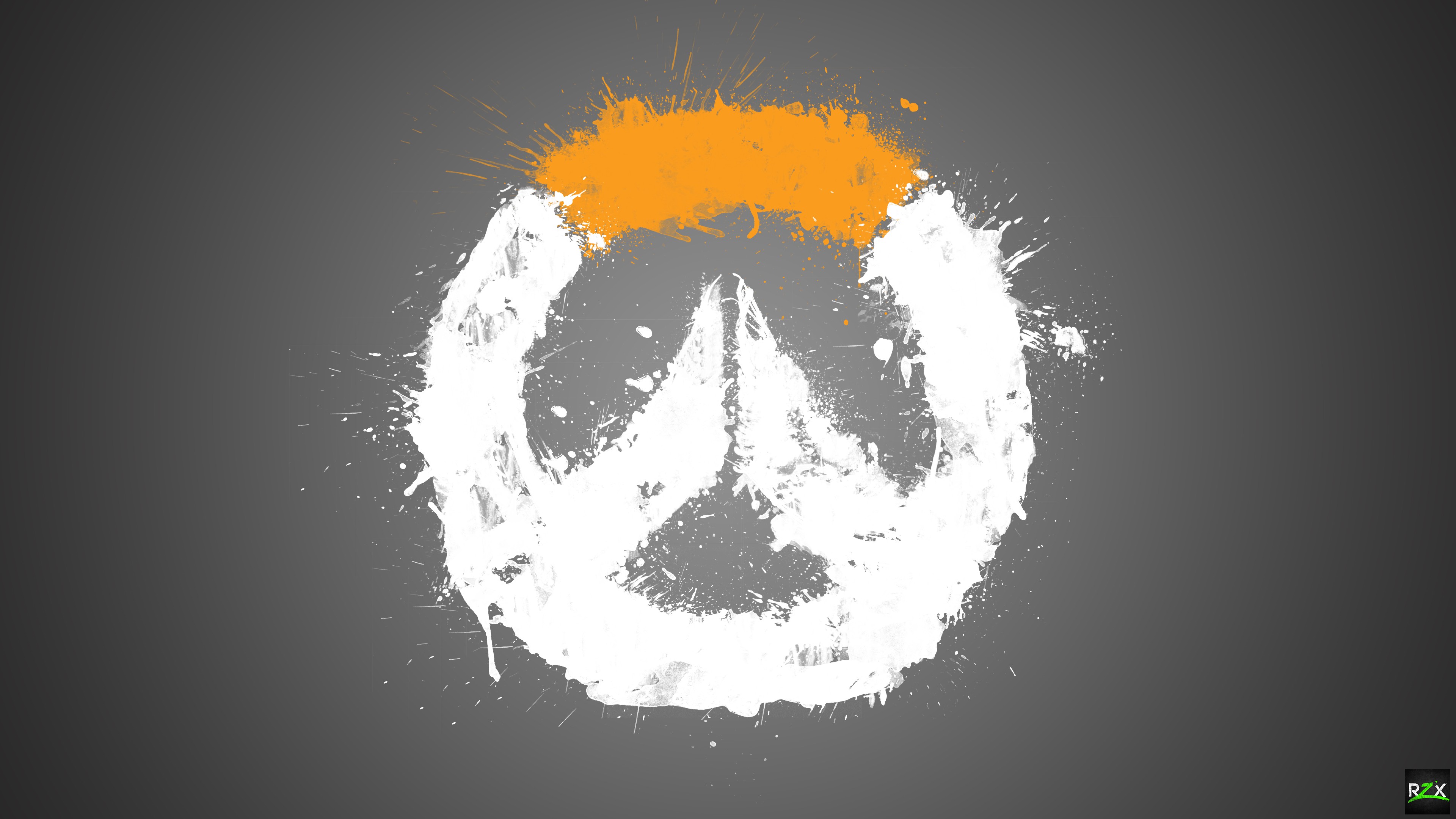 Overwatch logo with white and orange paint splatters HD Wallpaper
