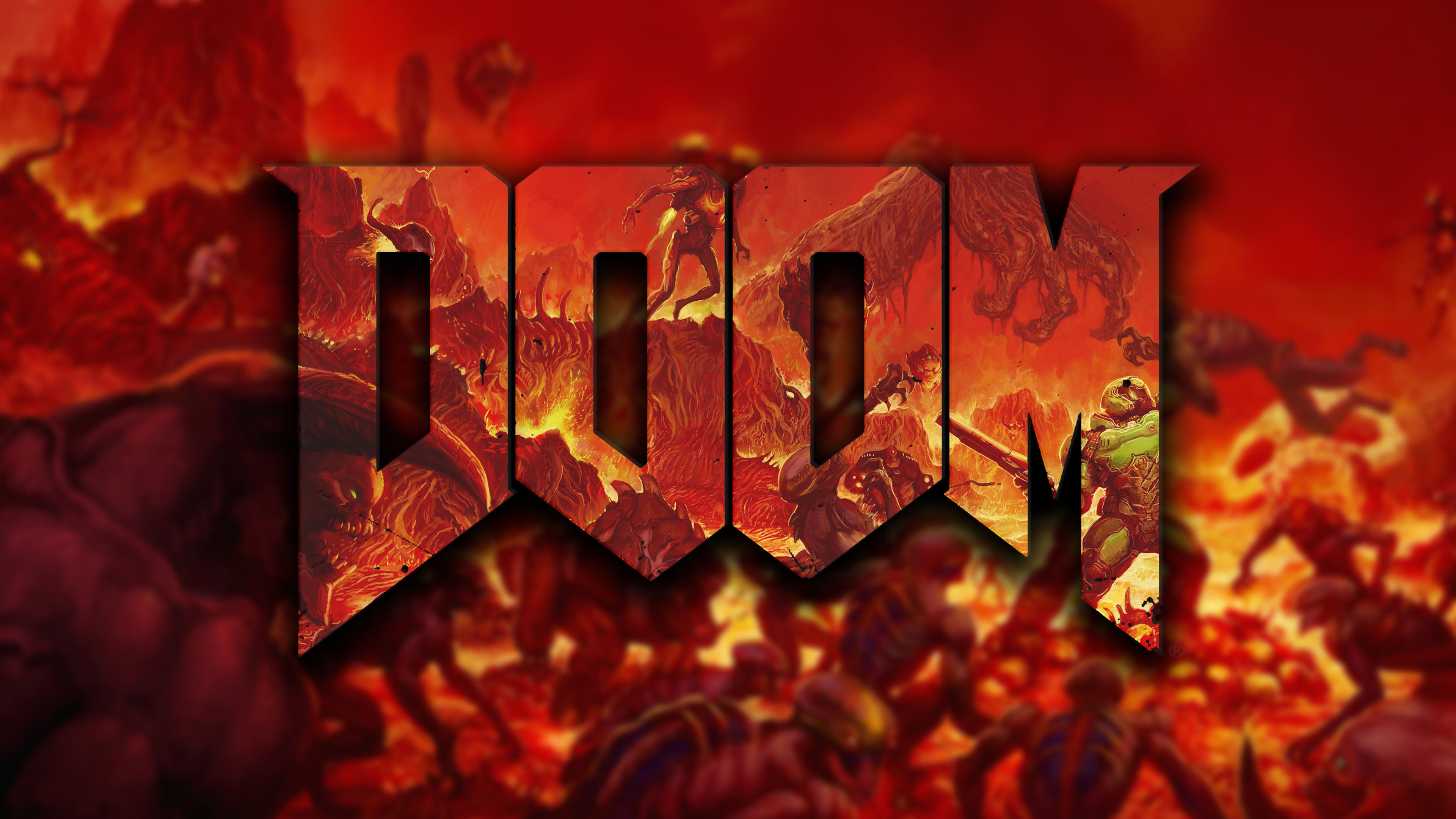 Doom video game logo with demons and a space marine HD Wallpaper