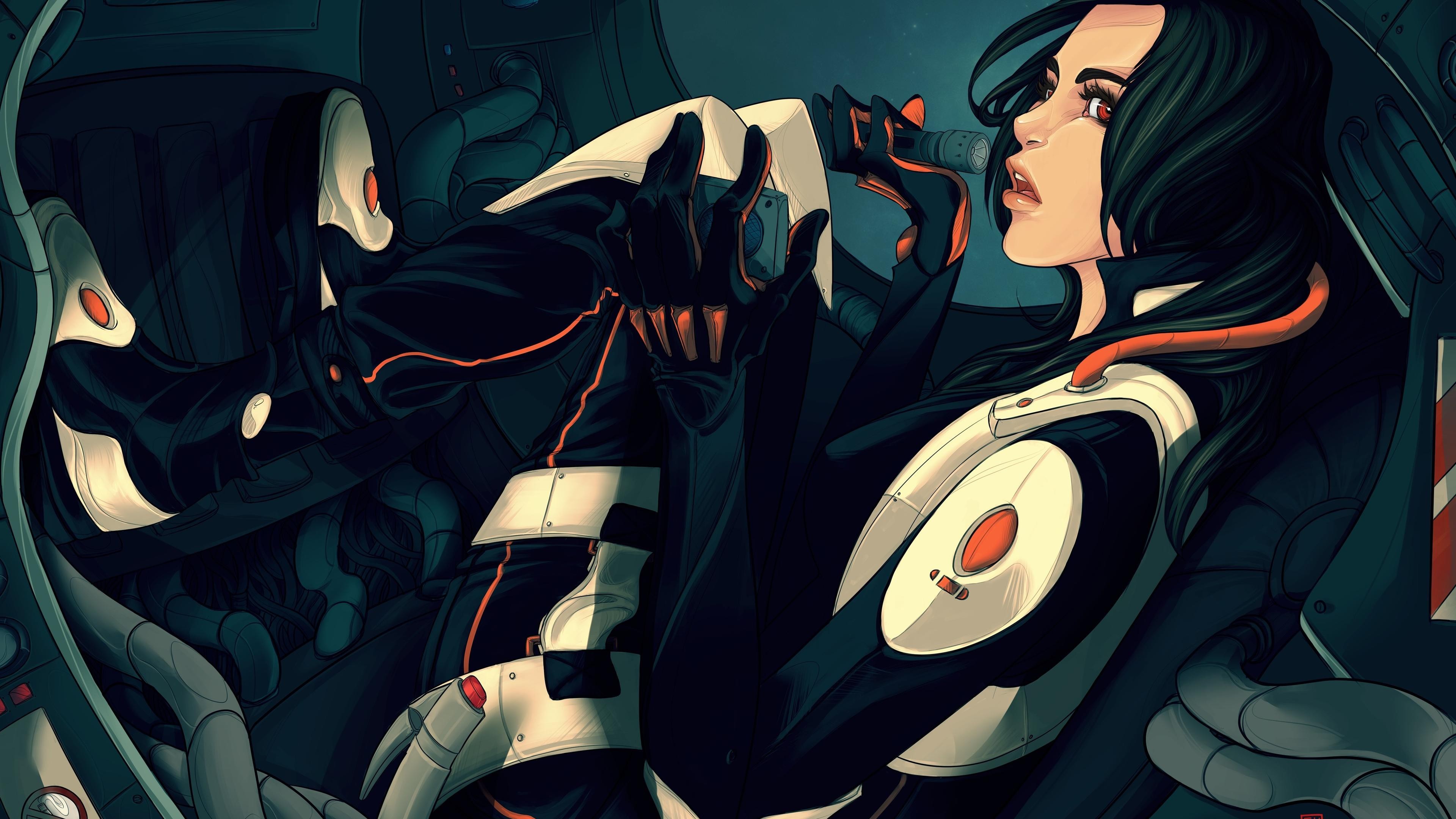 Anime woman in a sci-fi suit holding a device HD Wallpaper