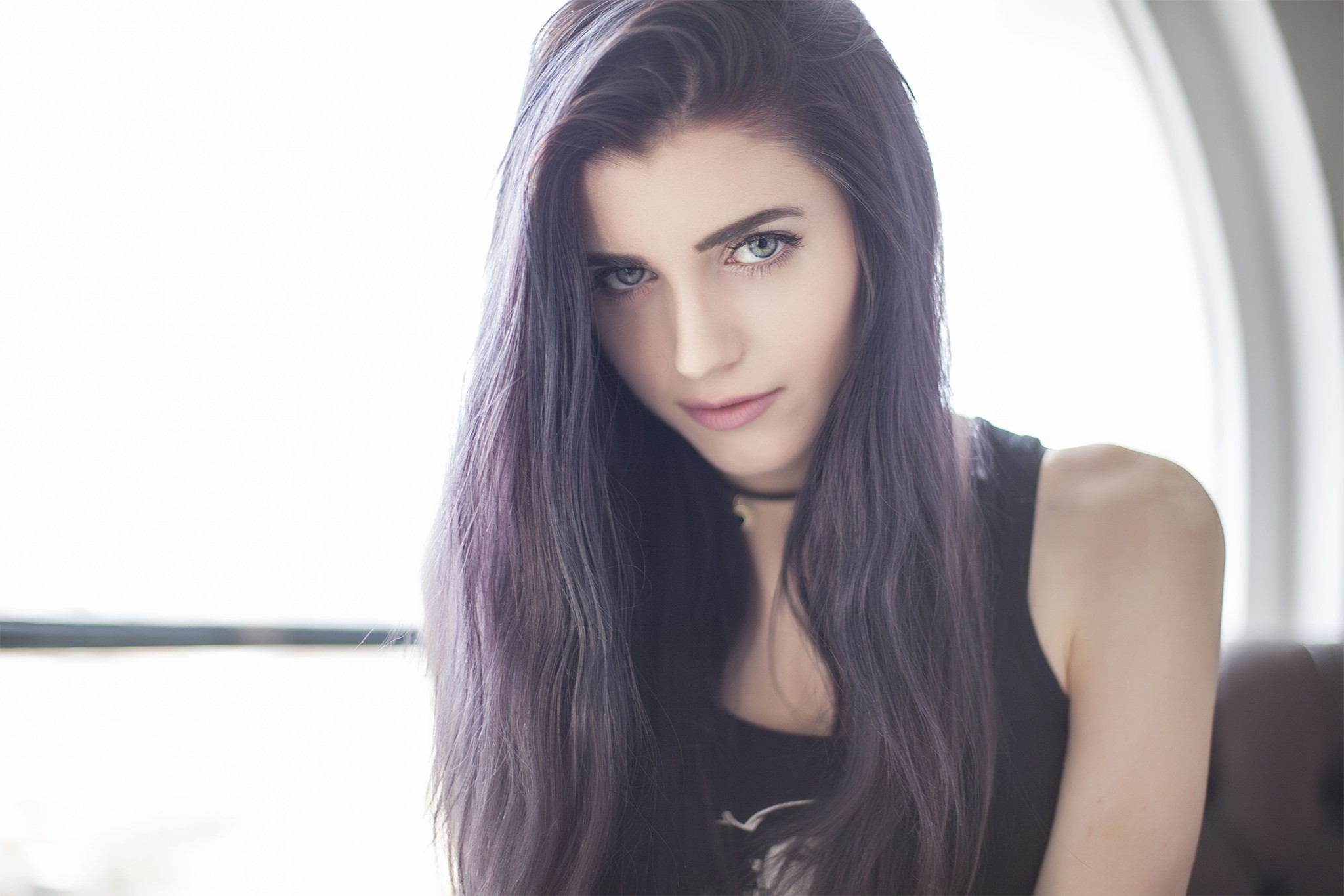 Portrait of a woman with dyed purple hair HD Wallpaper