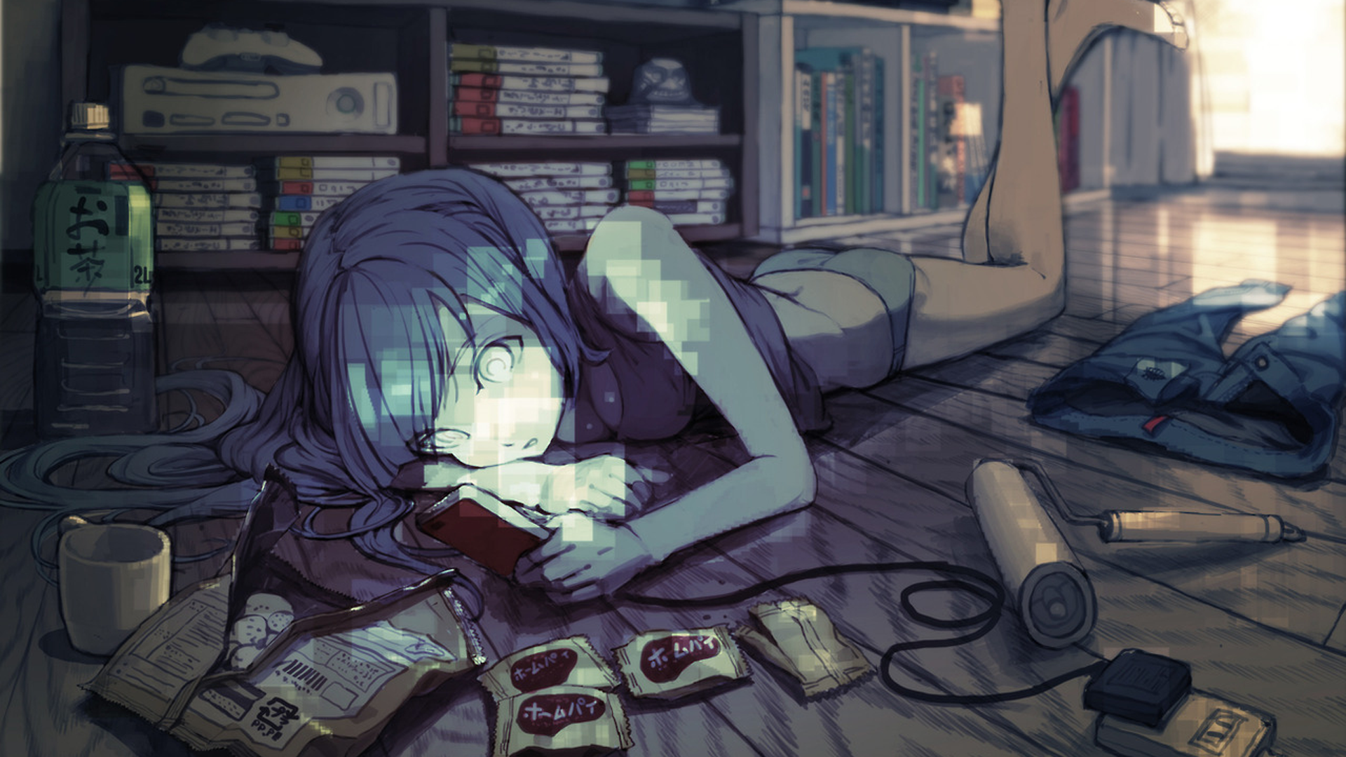 Girl lying on the floor with snacks and a bottle of tea HD Wallpaper