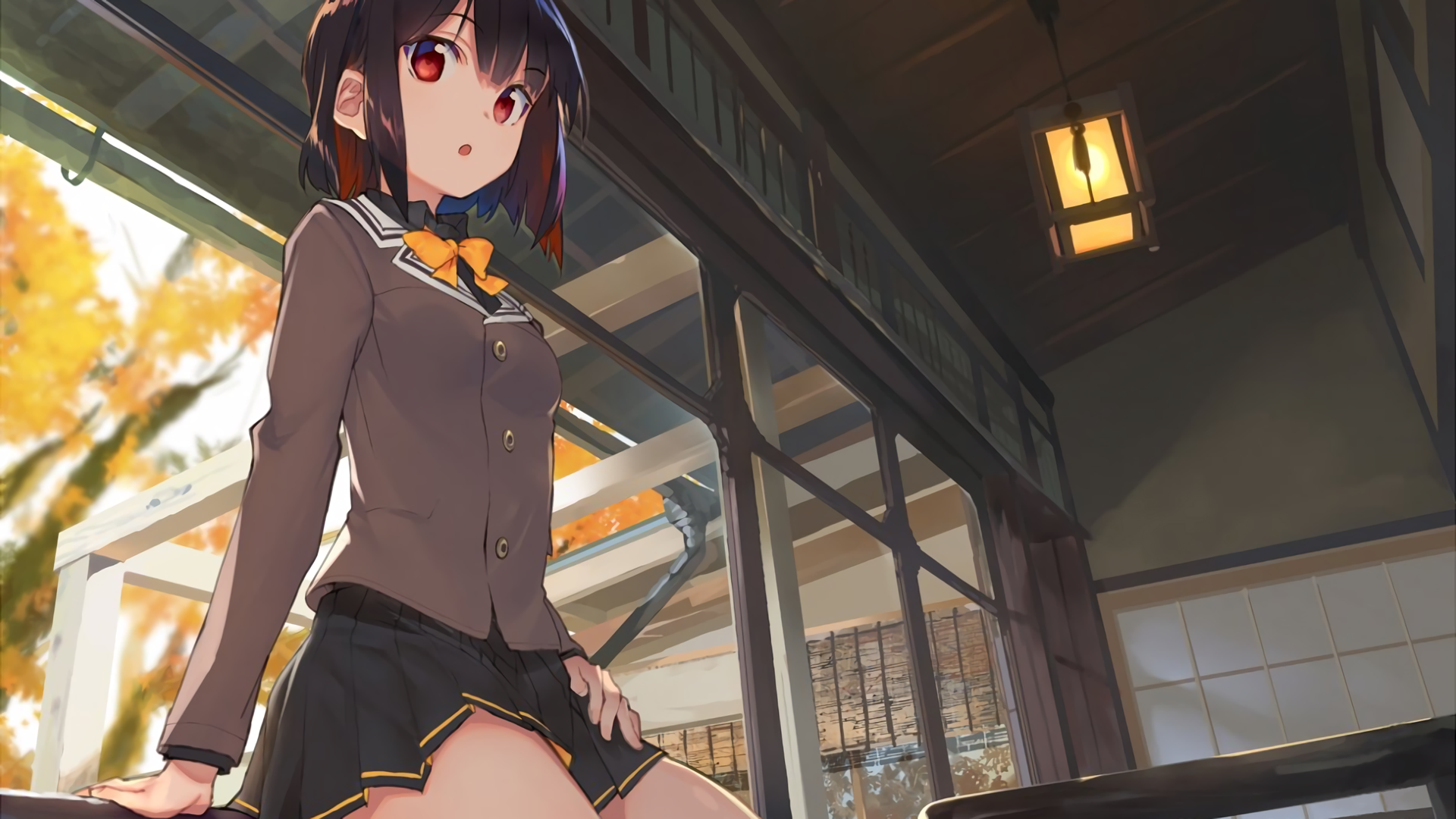 Anime girl in school uniform by a window HD Wallpaper