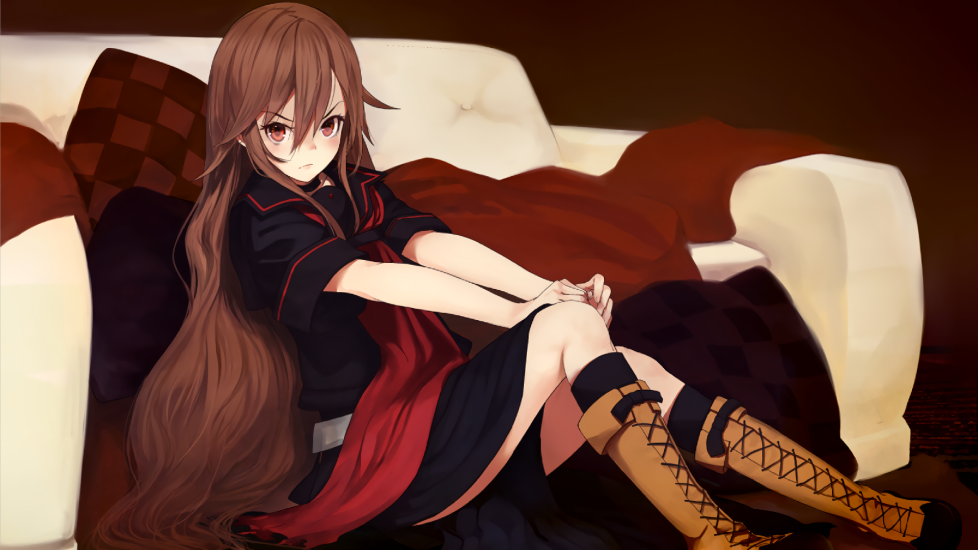 Anime girl with long brown hair sitting on a couch HD Wallpaper