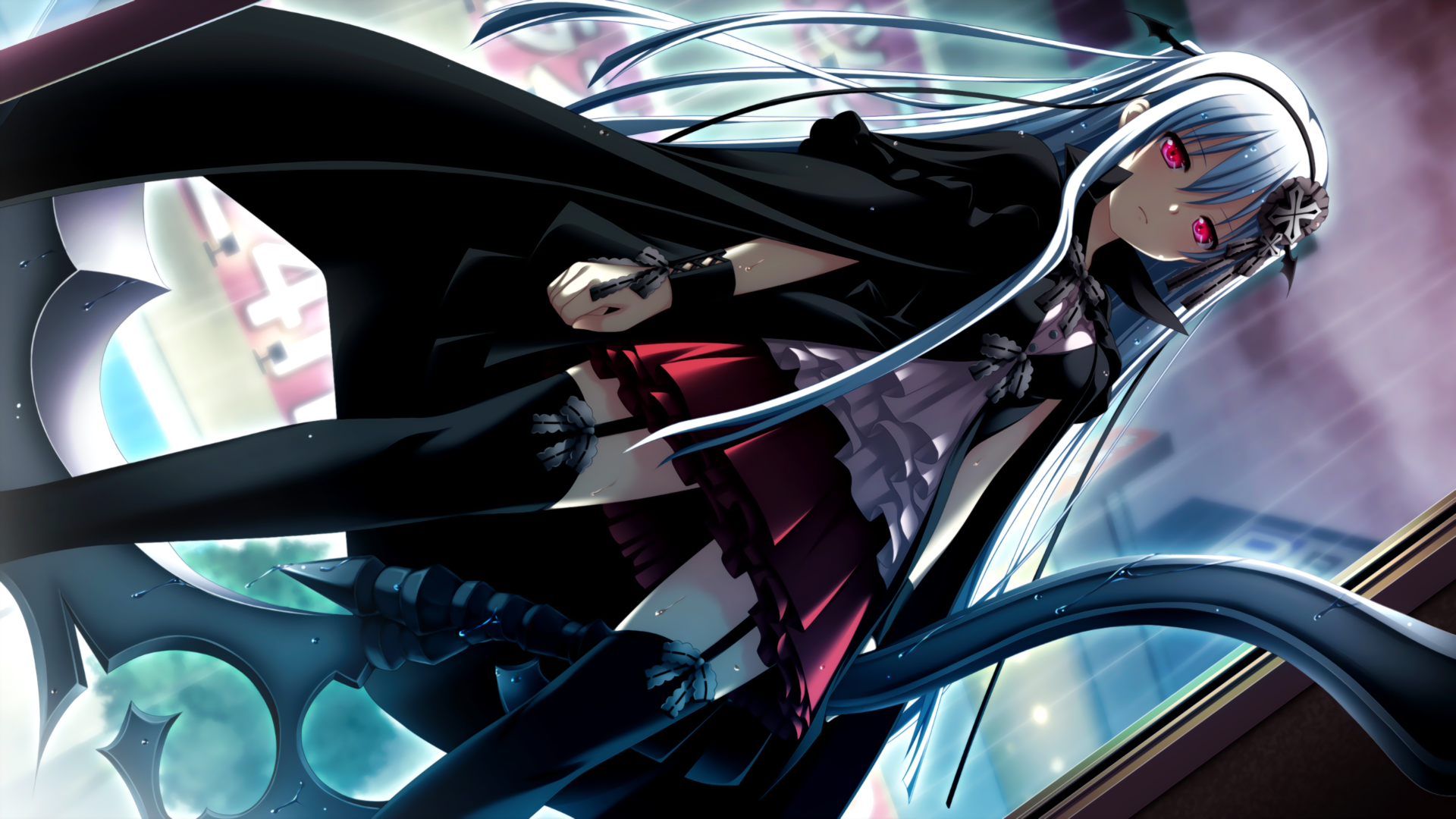 Anime girl with long white hair and red eyes HD Wallpaper