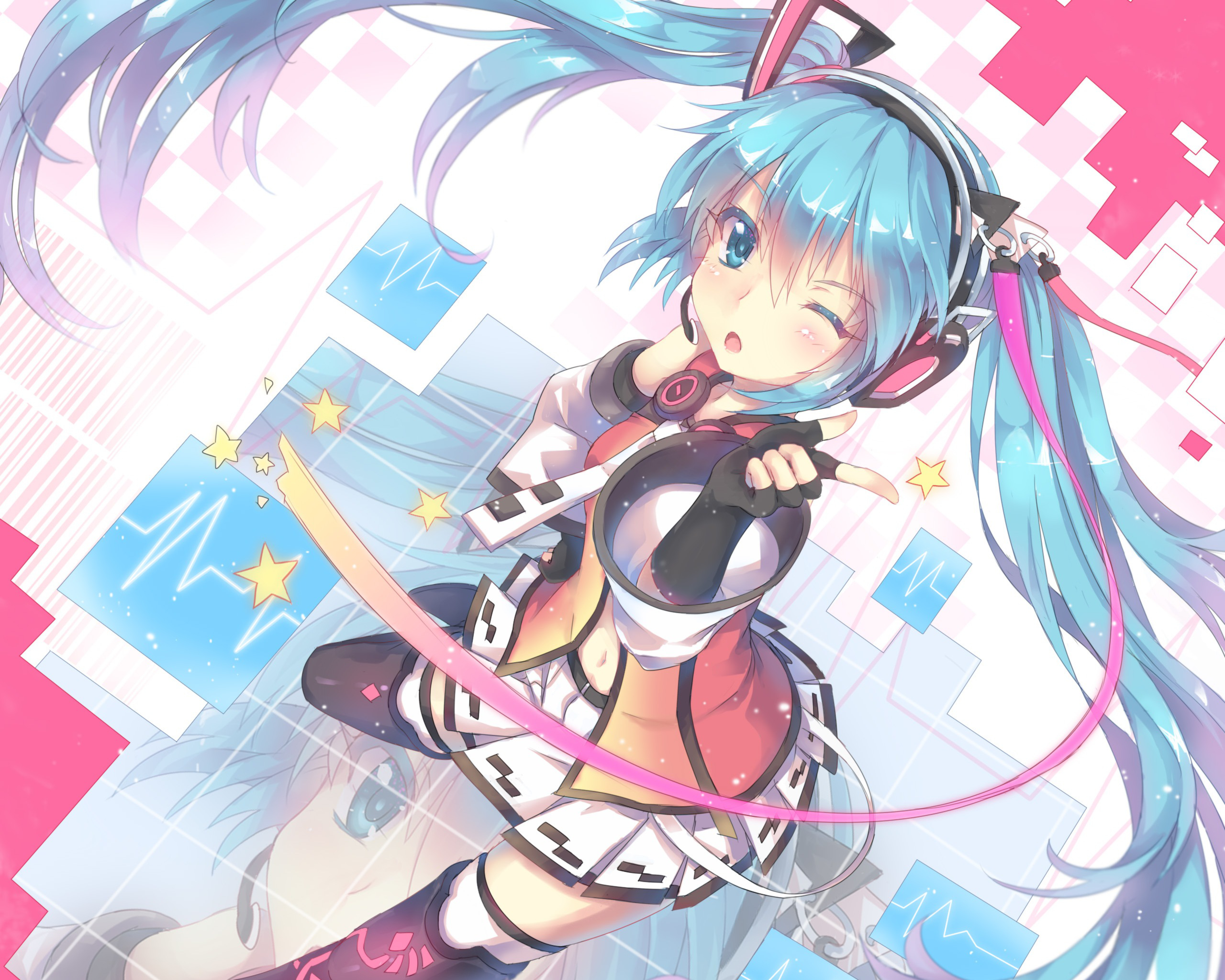 Hatsune Miku with headphones and musical notes HD Wallpaper
