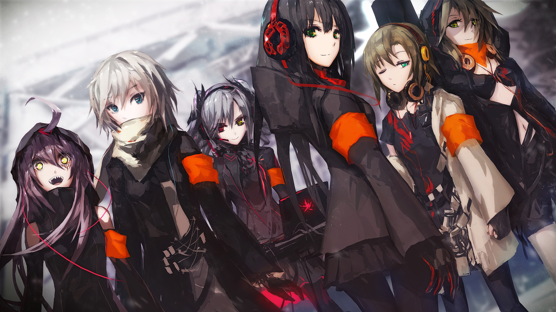 Six girls in black and orange outfits HD Wallpaper