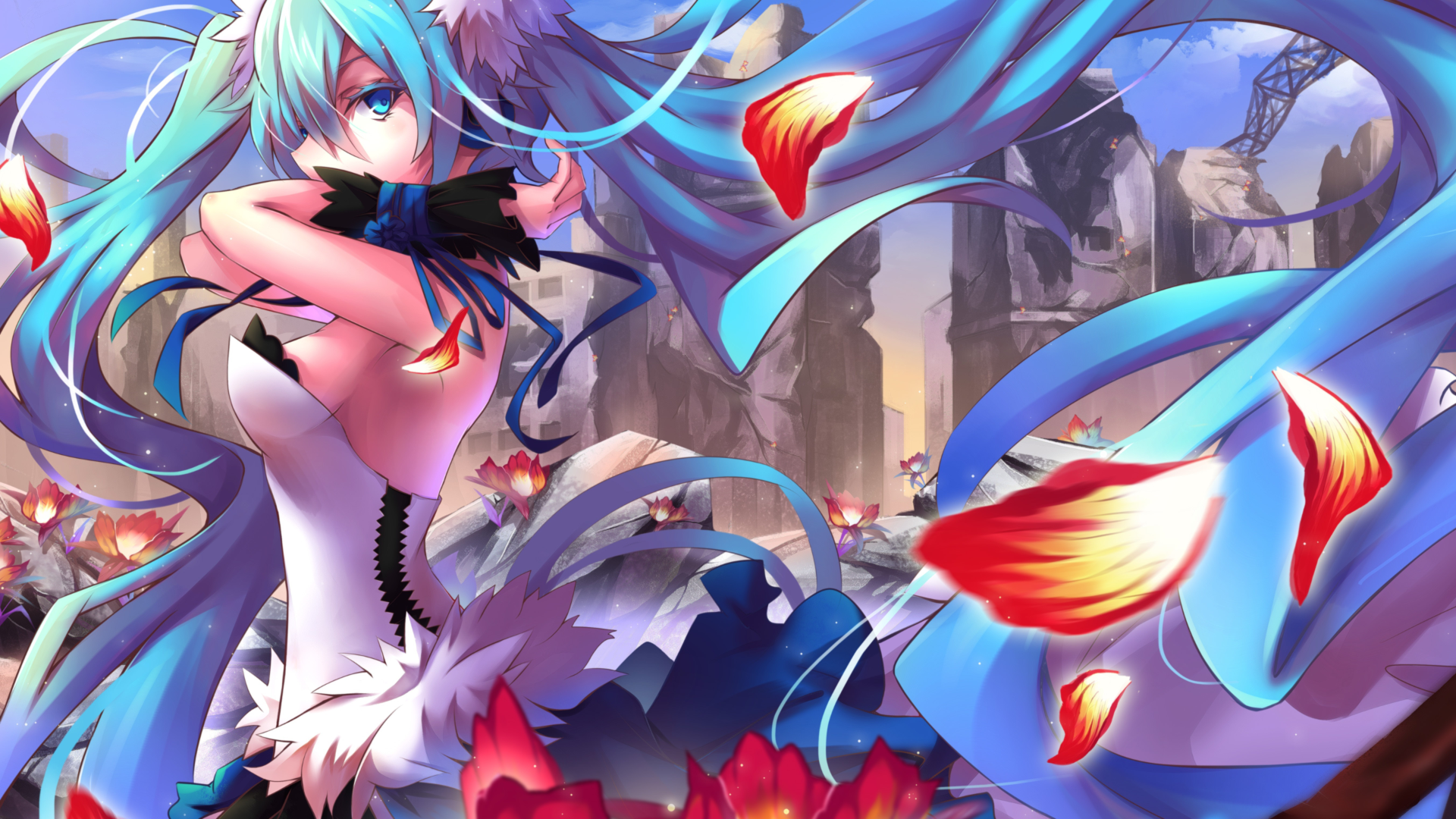 Hatsune Miku with blue hair and flower petals HD Wallpaper
