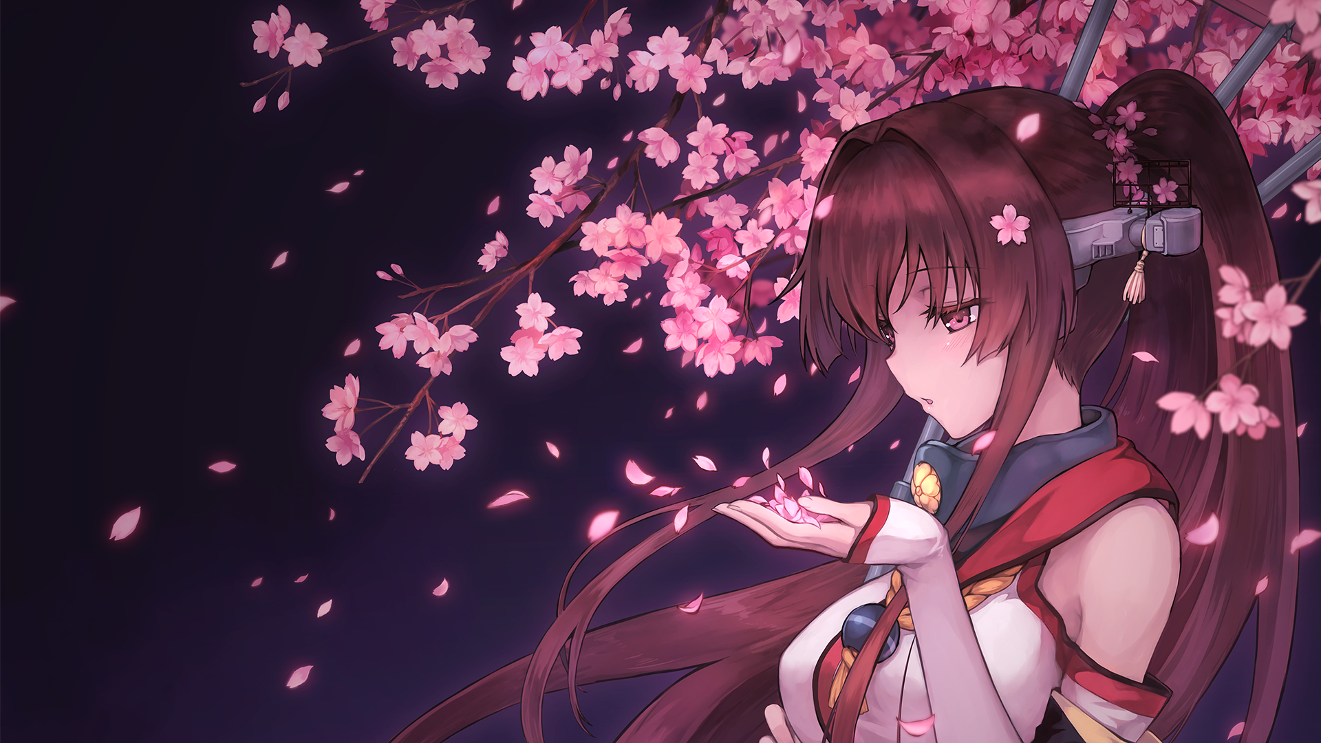 Anime girl with cherry blossoms HD Wallpaper