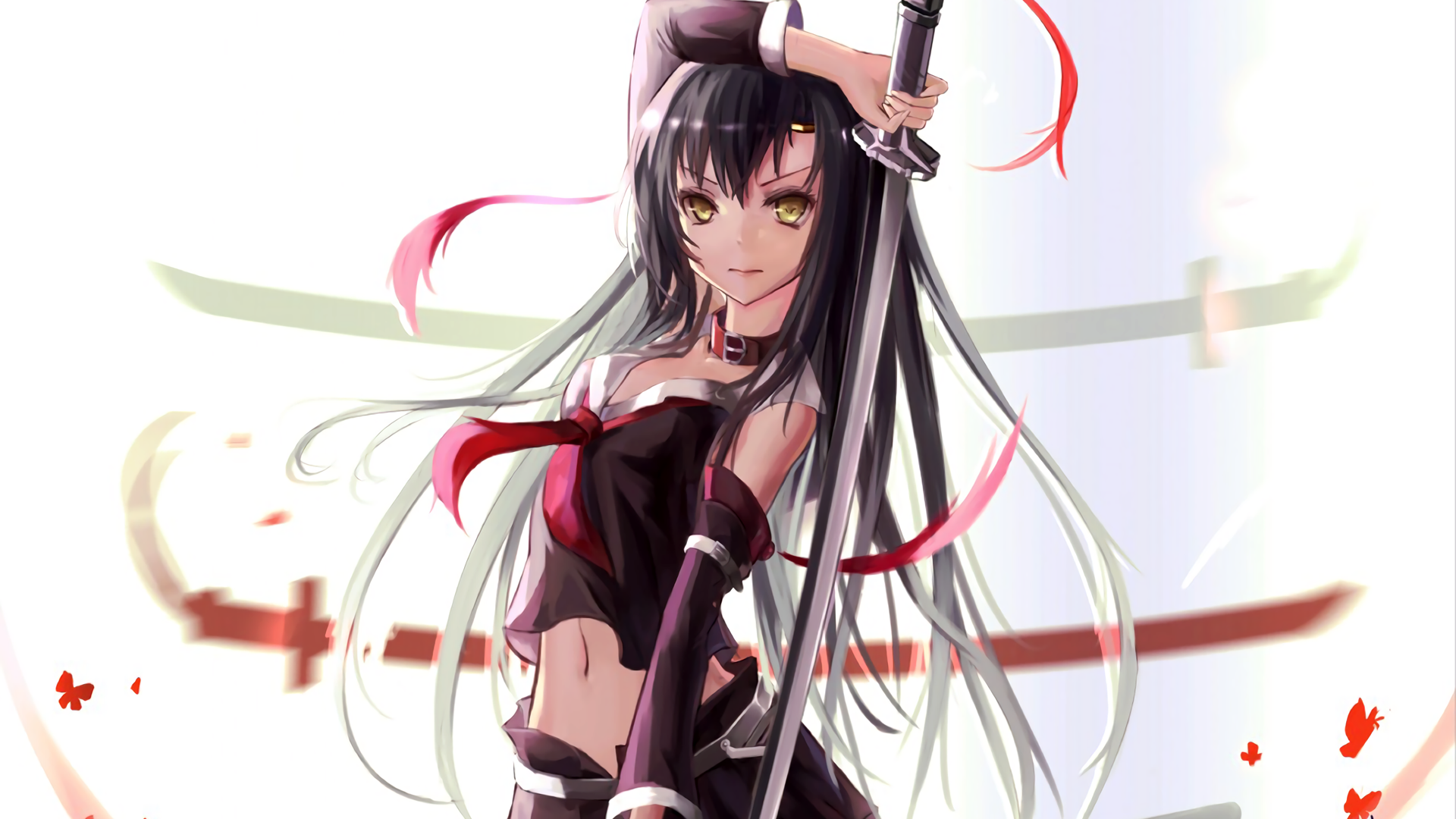 Anime girl with black hair holding a sword HD Wallpaper
