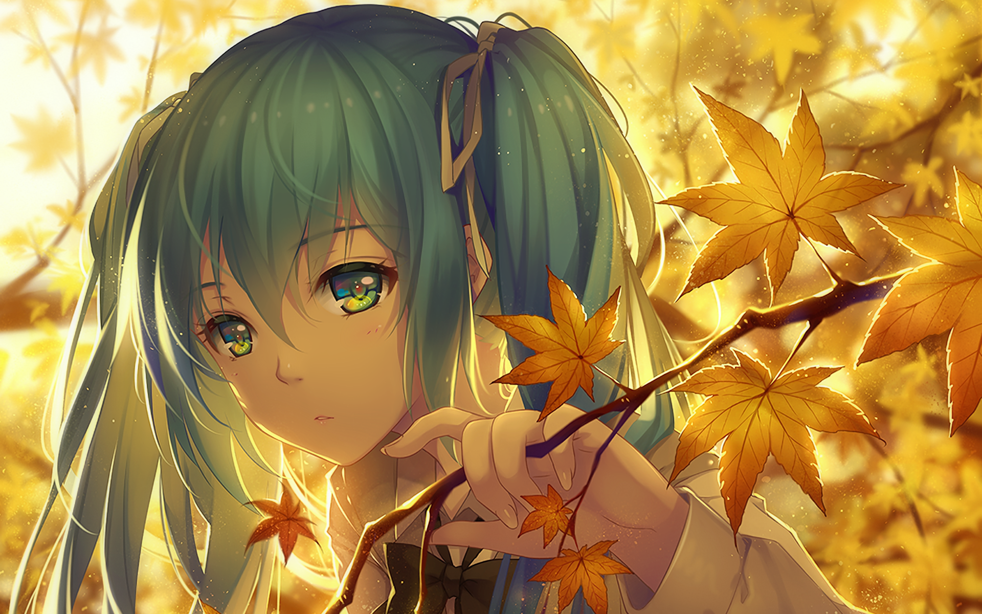 Hatsune Miku in an autumn forest HD Wallpaper
