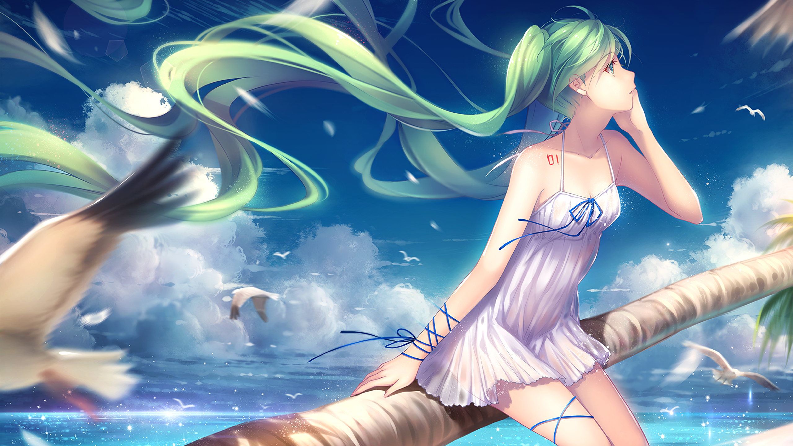 Hatsune Miku sitting on a palm tree branch by the ocean HD Wallpaper