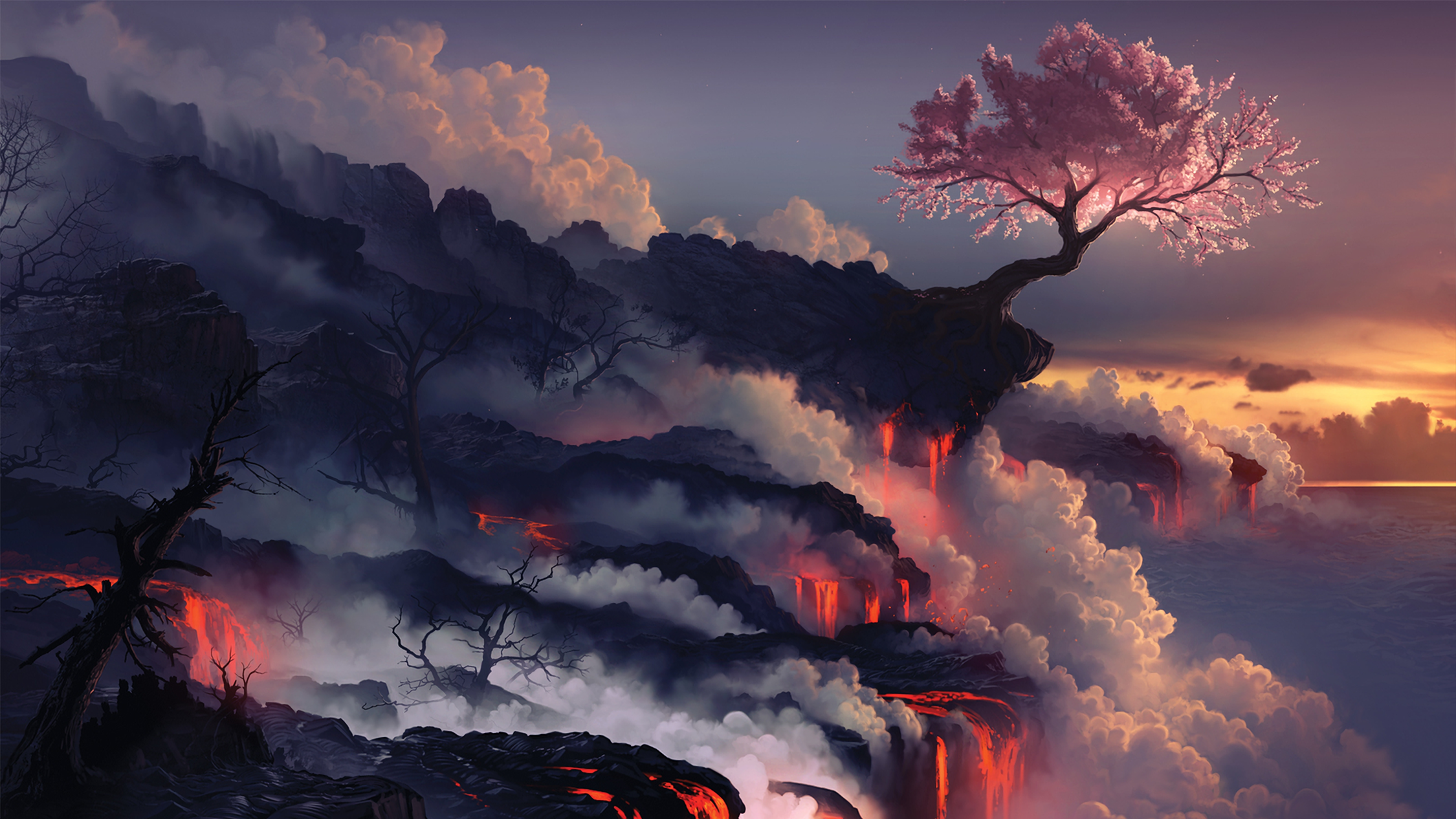 Cherry Blossom Tree on Volcanic Cliff HD Wallpaper