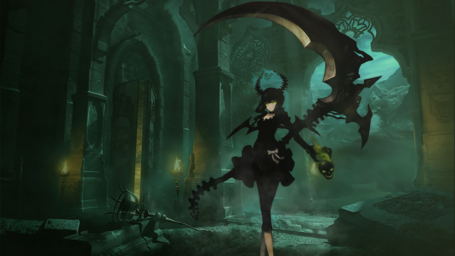 Black Rock Shooter with Scythe in Gothic Hall HD Wallpaper