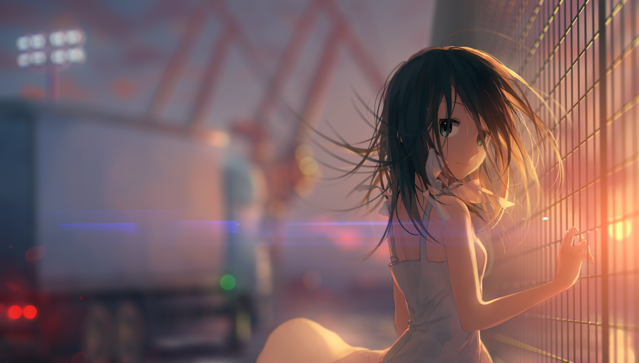 Anime girl by a fence at sunset HD Wallpaper