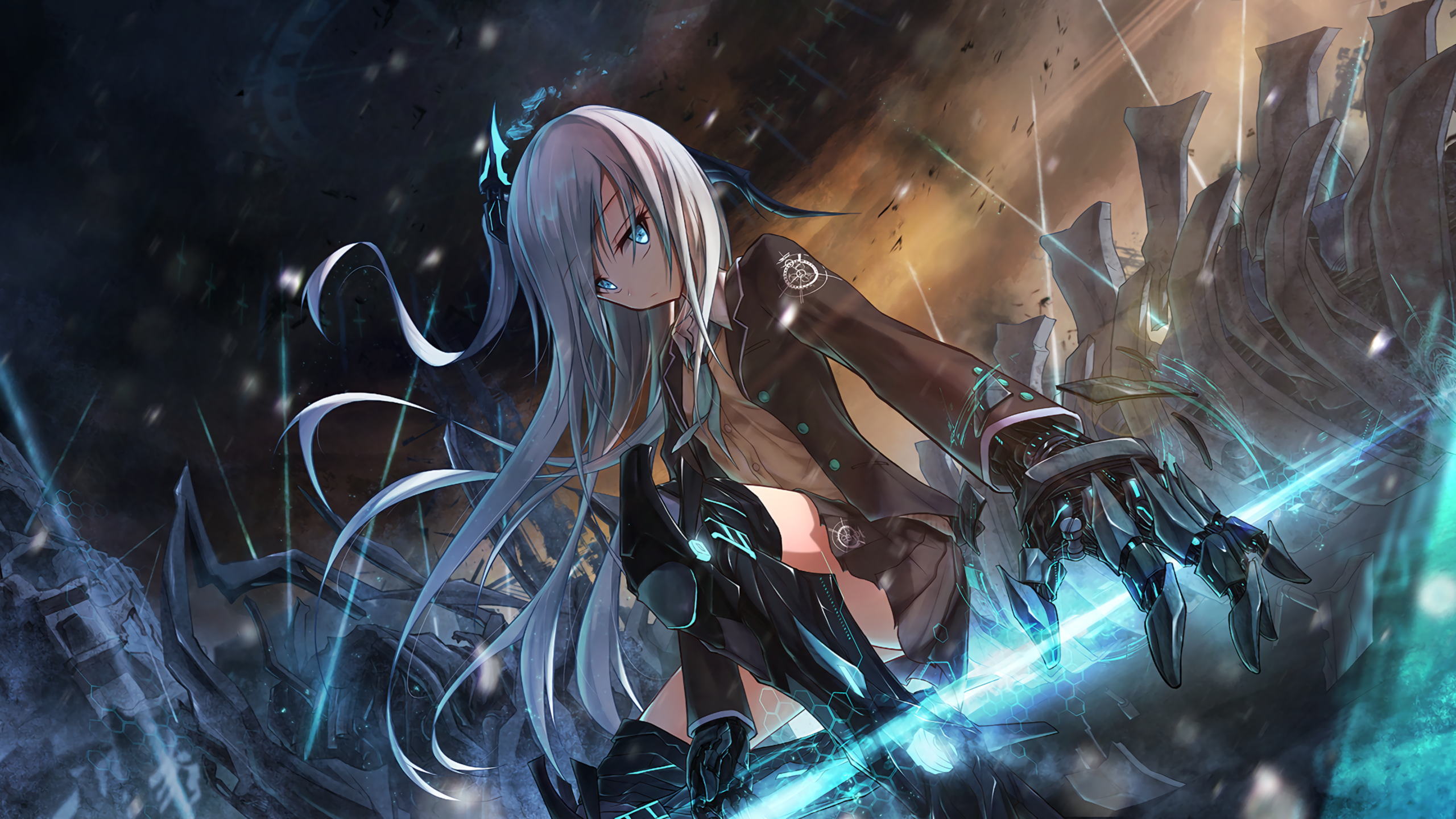 Cyborg girl with white hair and blue eyes HD Wallpaper