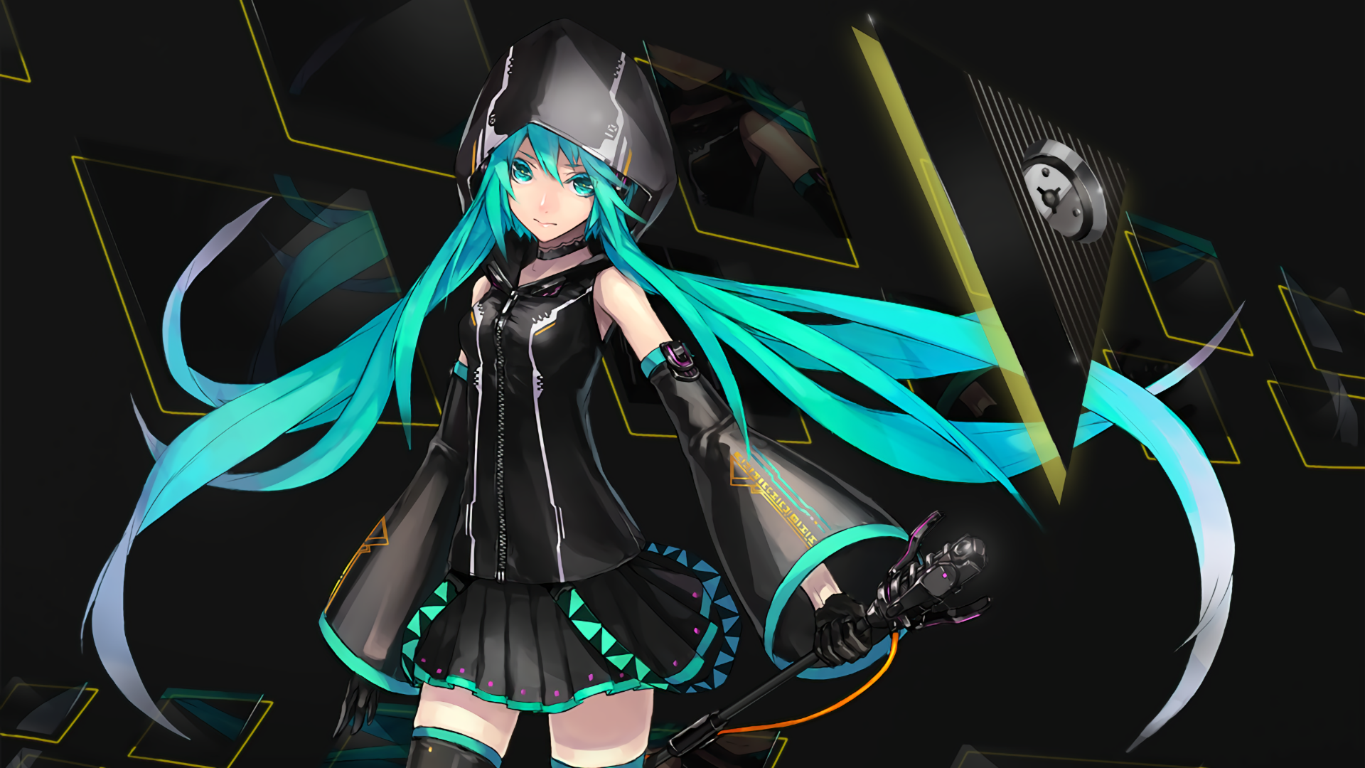 Hatsune Miku in a futuristic black outfit with teal hair HD Wallpaper
