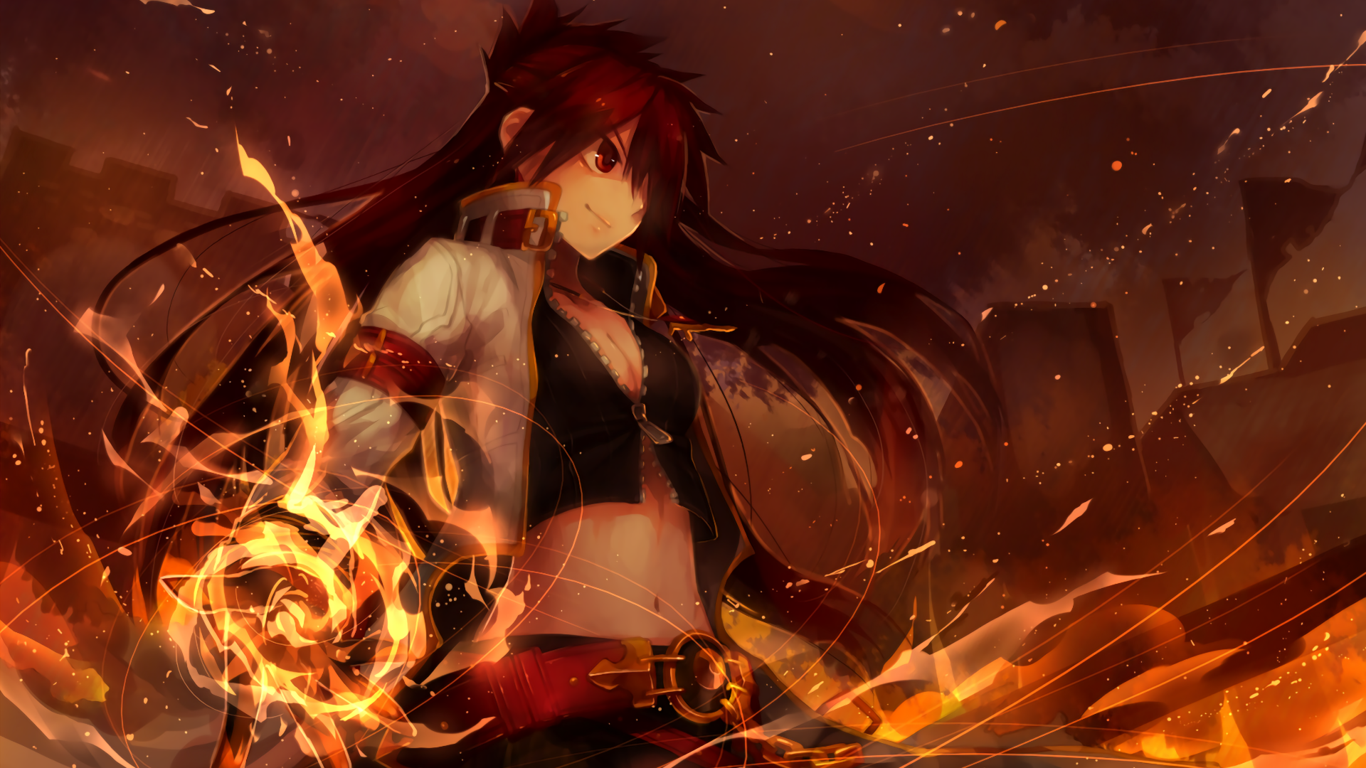Anime girl with fire magic in a battle HD Wallpaper
